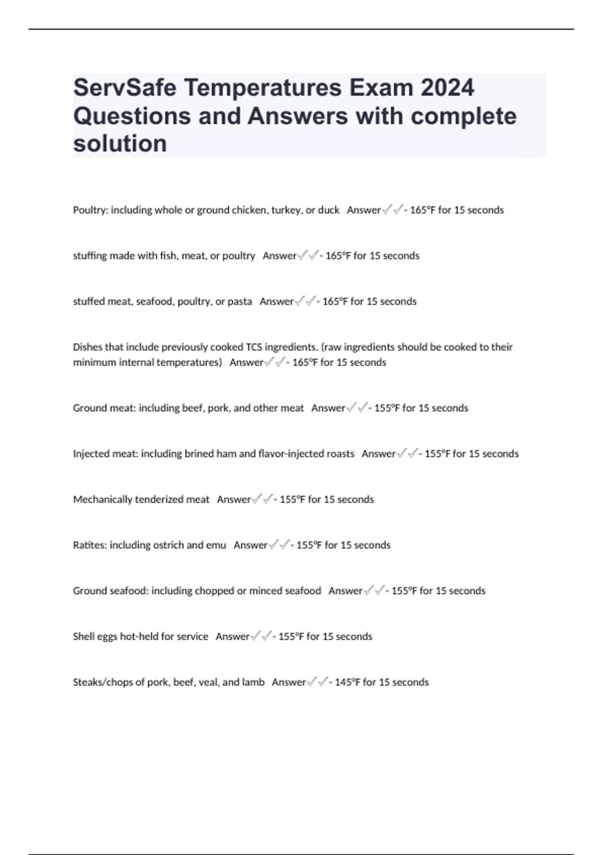 ServSafe Temperatures Exam 2024 Questions and Answers with complete