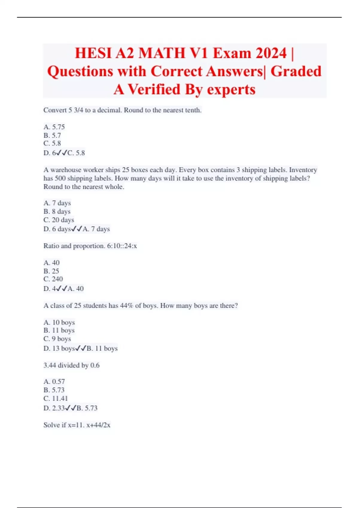 HESI A2 MATH V1 Exam 2024 | Questions with Correct Answers| Graded A+ ...