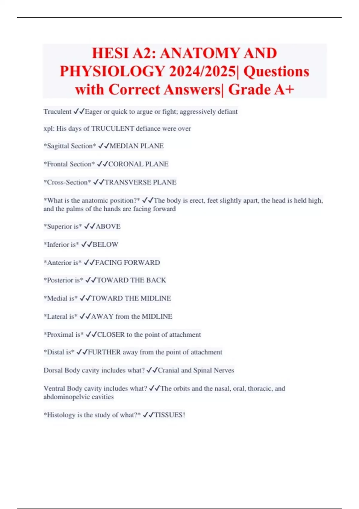 HESI A2: ANATOMY AND PHYSIOLOGY 2024/2025| Questions with Correct