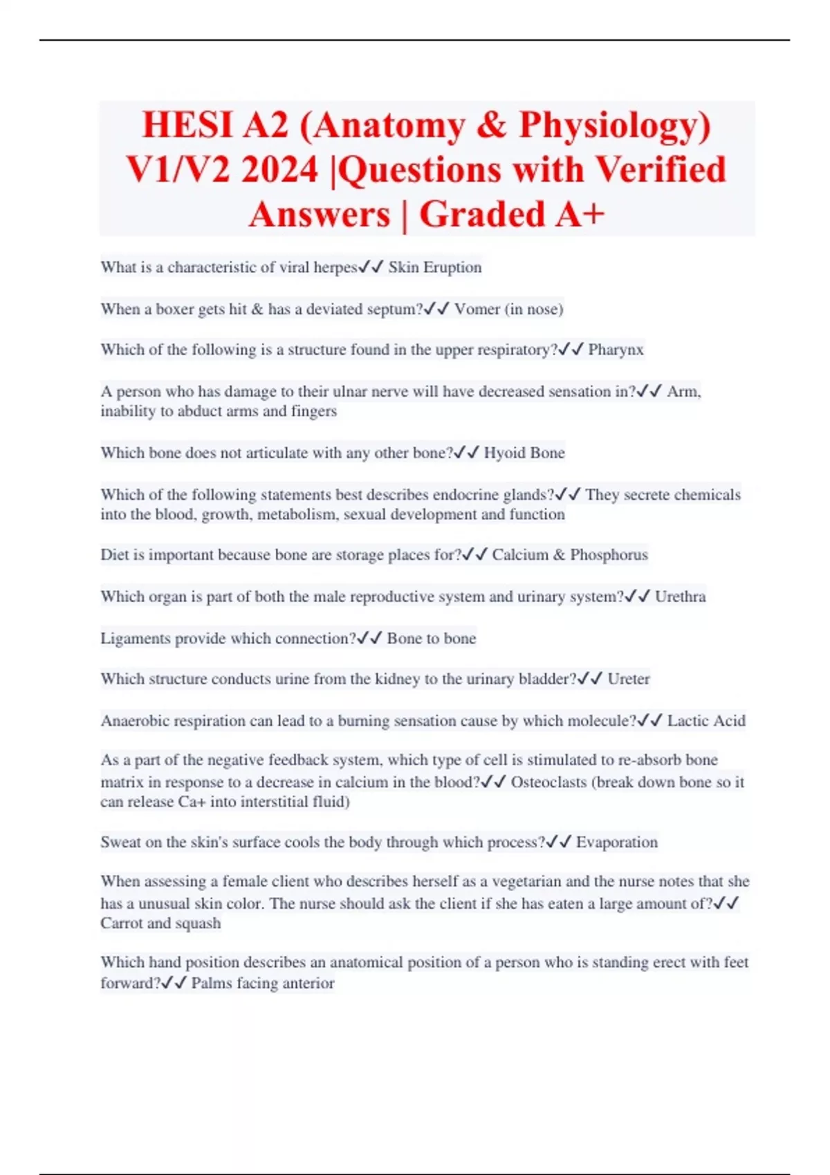 HESI A2 (Anatomy & Physiology) V1/V2 2024 |Questions with Verified ...