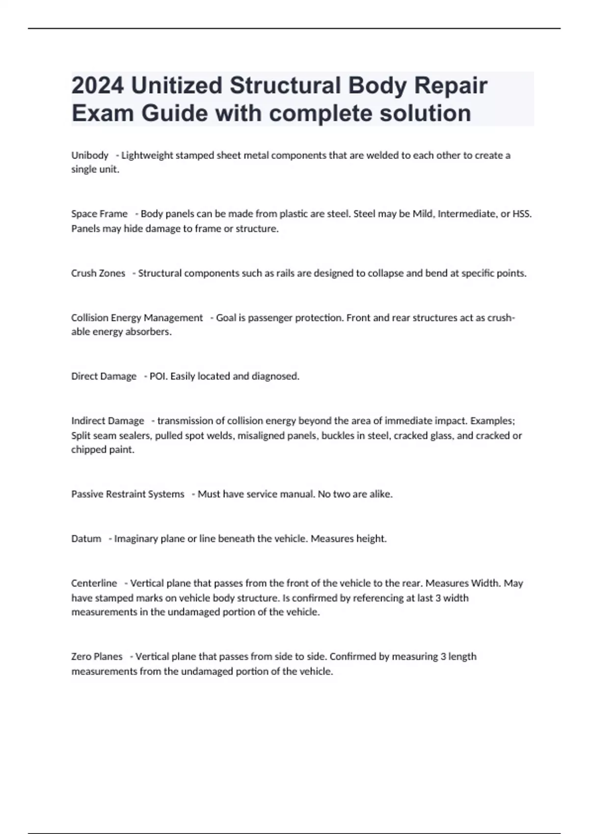 2024 Unitized Structural Body Repair Exam Guide with complete solution Unitized Structural