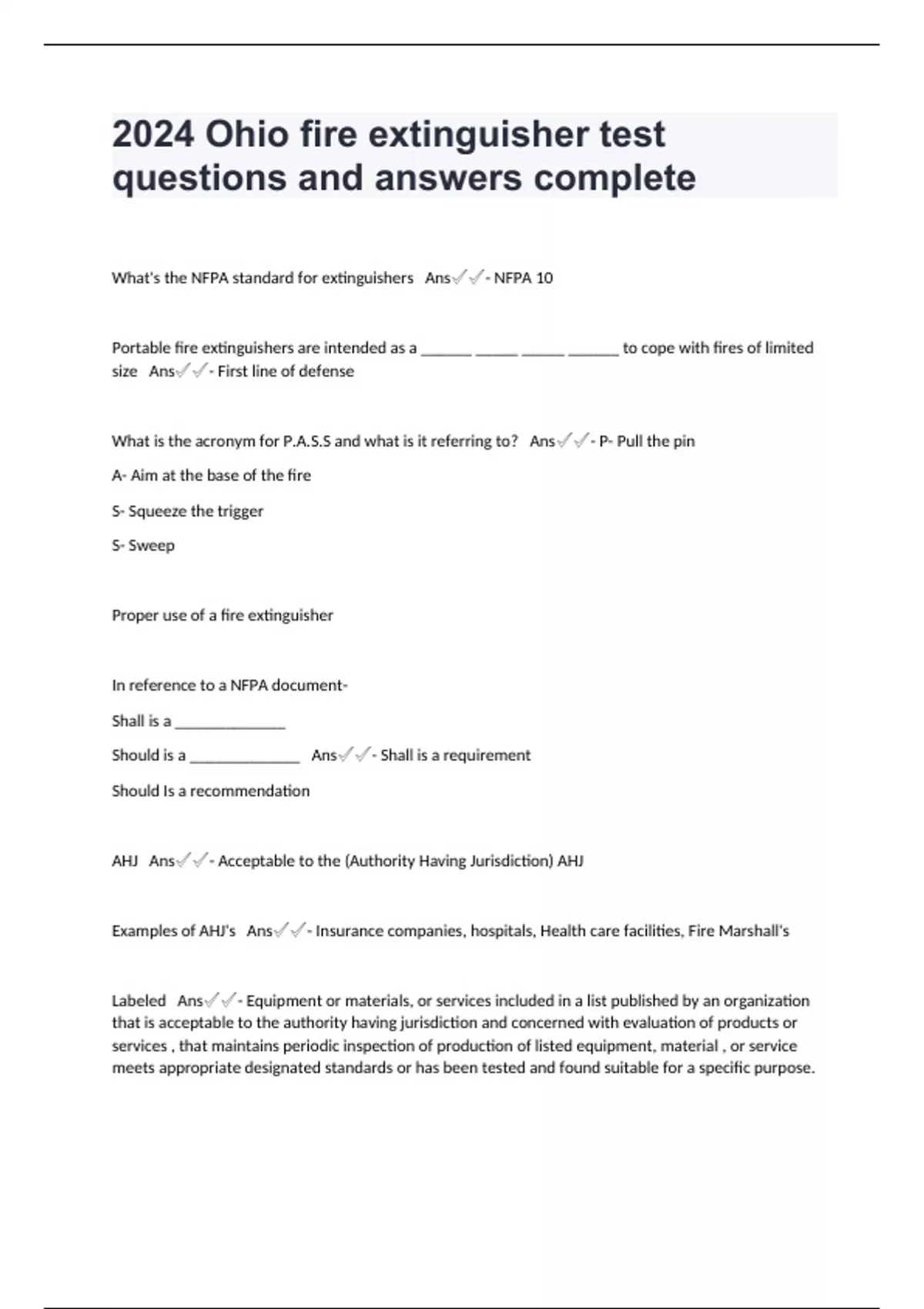2024 Ohio fire extinguisher test questions and answers complete Fire