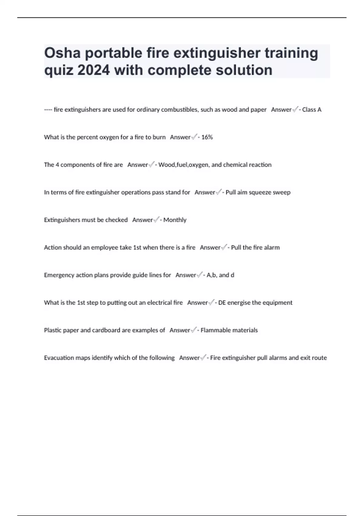 Osha portable fire extinguisher training quiz 2024 with complete