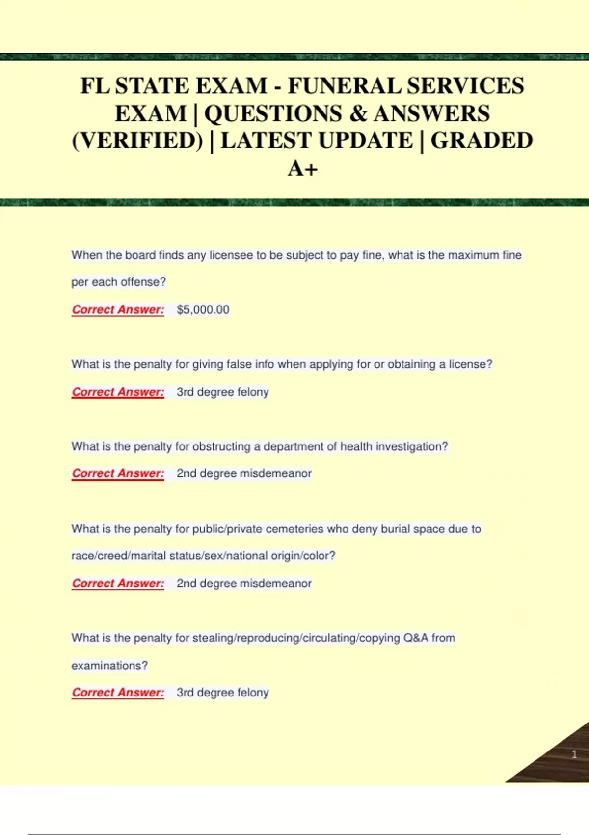 FL STATE EXAM - FUNERAL SERVICES EXAM | QUESTIONS & ANSWERS (VERIFIED ...