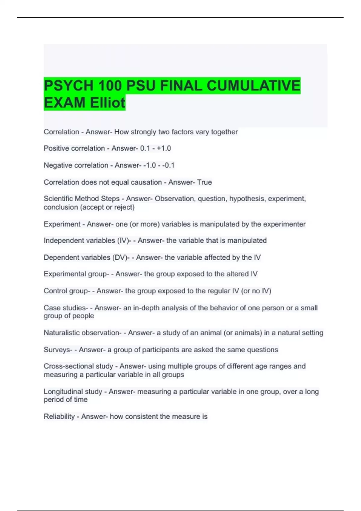 PSYCH 100 PSU FINAL CUMULATIVE EXAM Elliot 2024 QUESTIONS AND ANSWERS ...