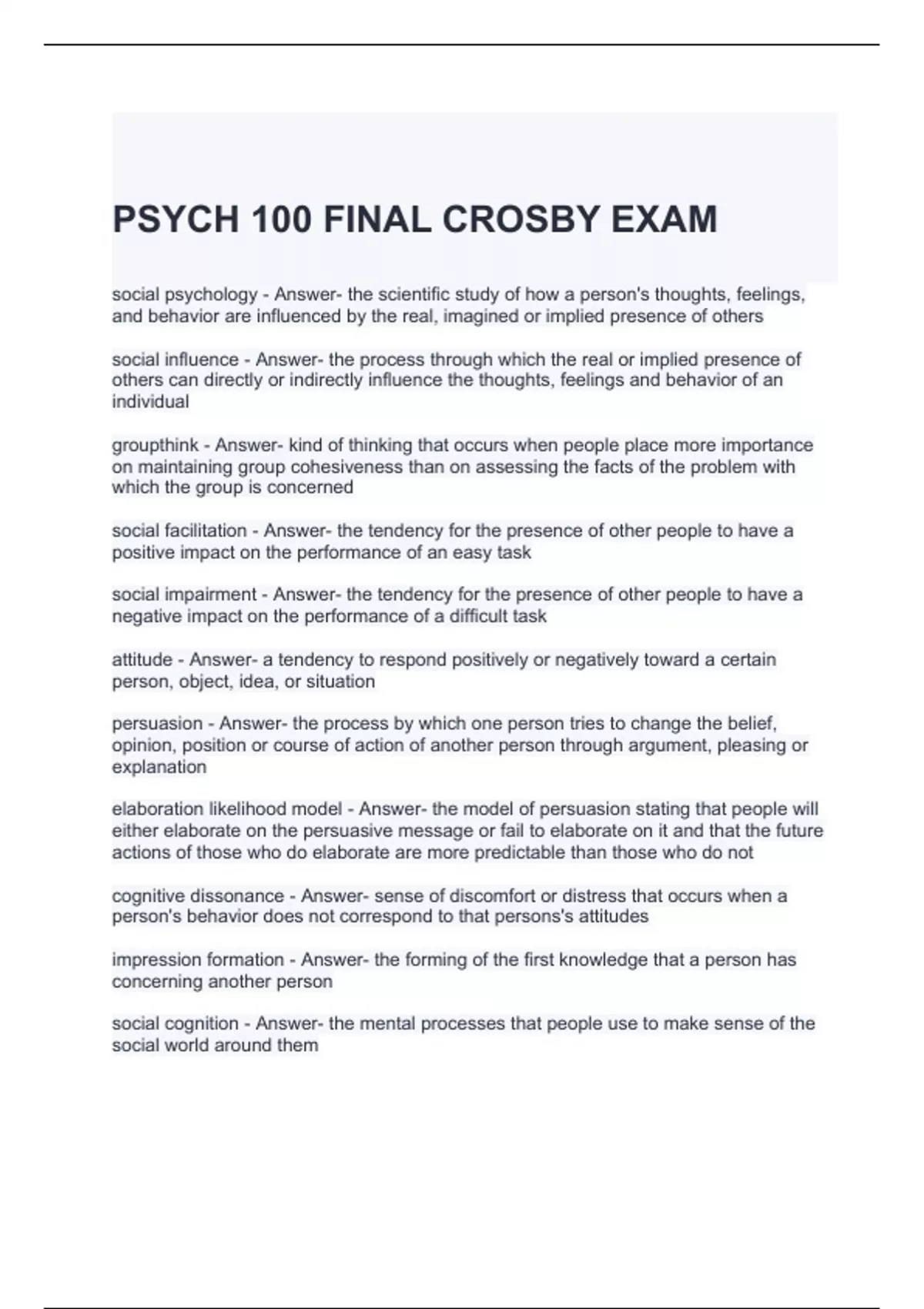PSYCH 100 FINAL CROSBY EXAM 2024 QUESTIONS AND ANSWERS - PSU PSYCH 100 ...