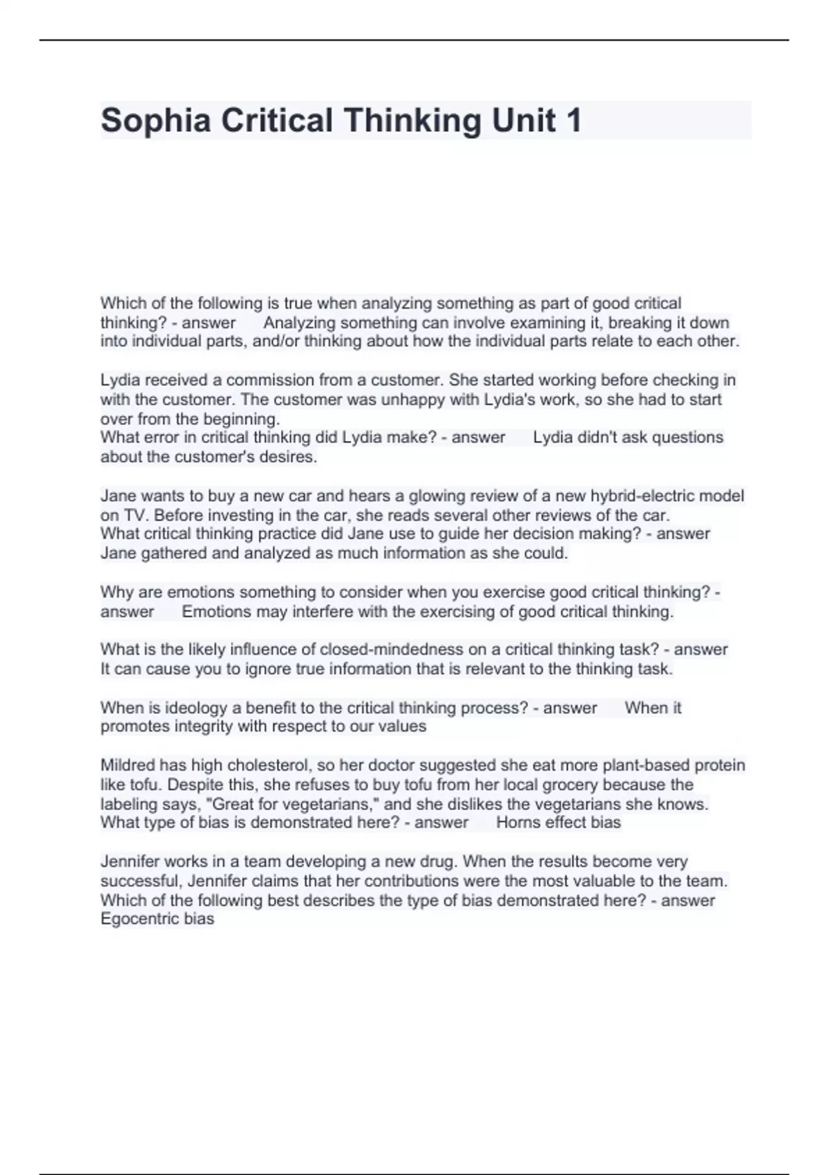Sophia Critical Thinking Unit 1 Questions and Answers 2024 Sophia