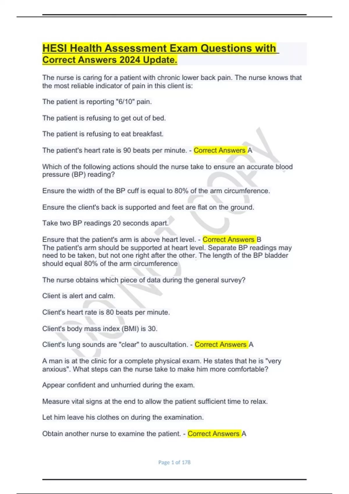 HESI Health Assessment Exam Questions with Correct Answers 2024 Update ...