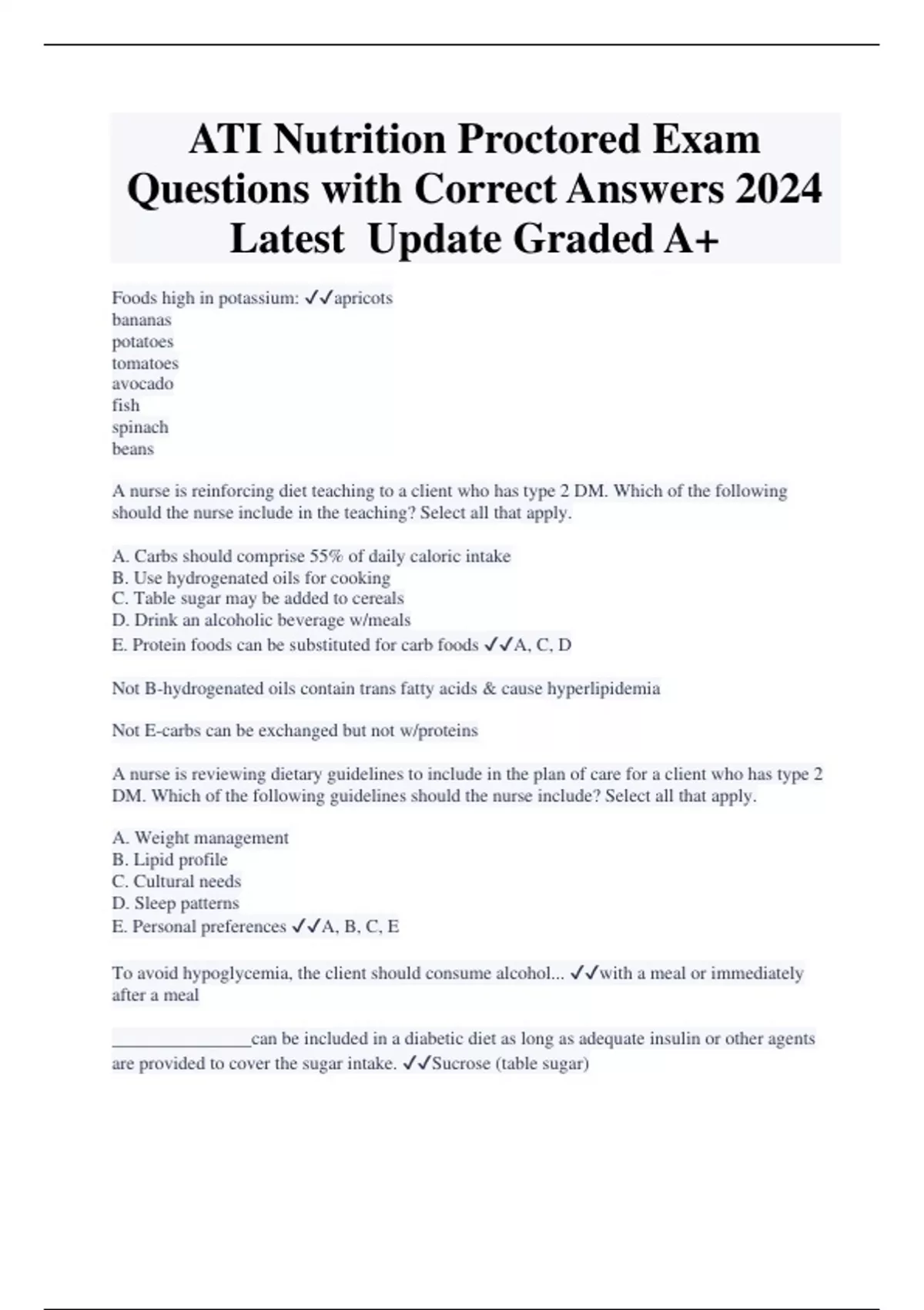 ATI Nutrition Proctored Exam Questions with Correct Answers 2024 Latest ...