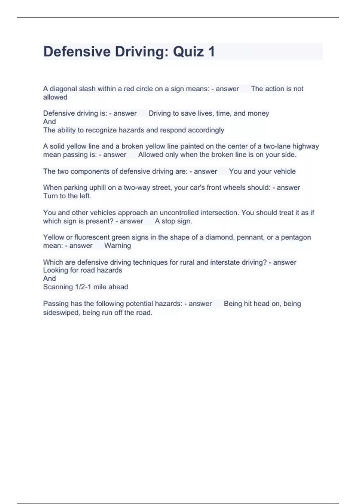 Defensive Driving quiz Questions with correct Answers 2024 Defensive Driving Course Stuvia US