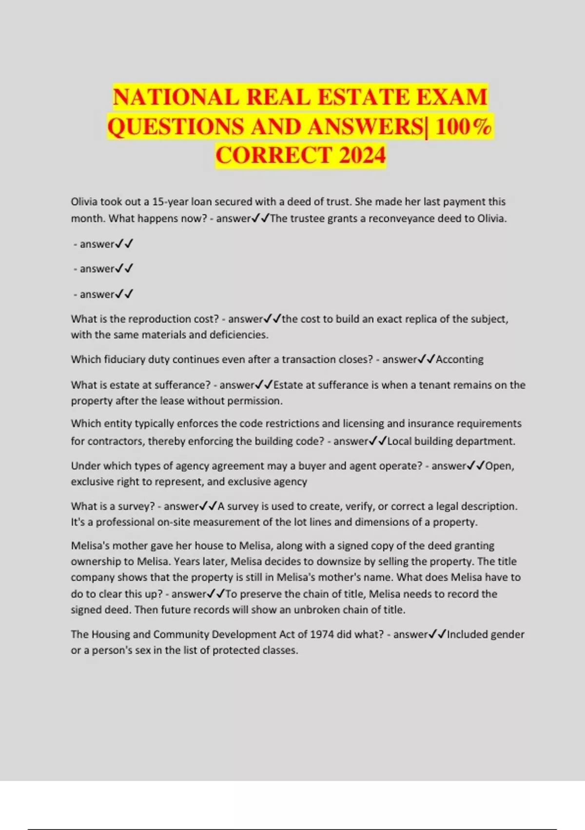 NATIONAL REAL ESTATE EXAM QUESTIONS AND ANSWERS 100 CORRECT 2024