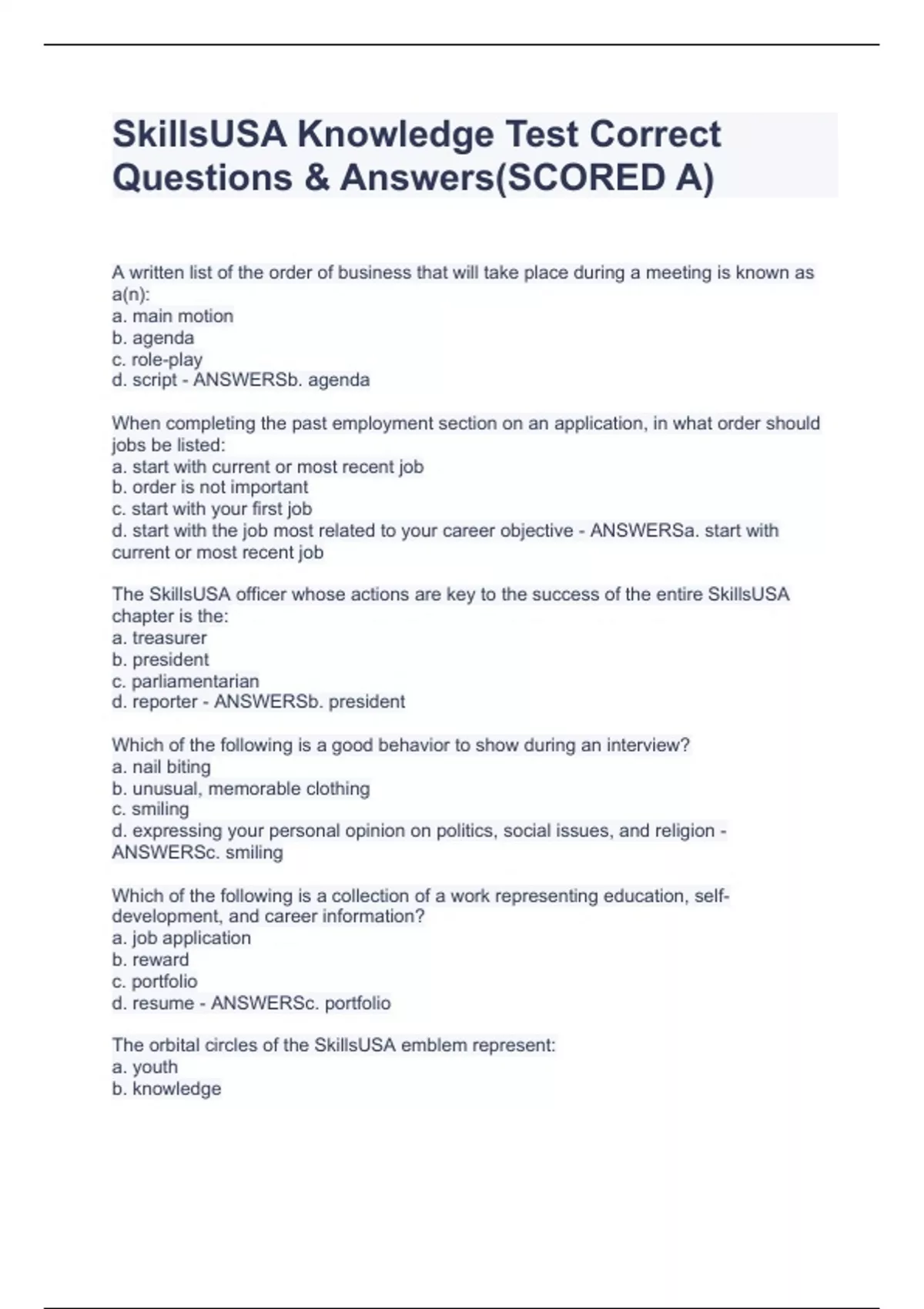 SkillsUSA Knowledge Test Correct Questions & Answers(SCORED A