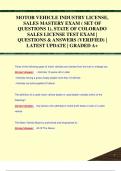 MOTOR VEHICLE INDUSTRY LICENSE&comma;  SALES MASTERY EXAM &lpar; SET OF  QUESTIONS 1&rpar;&comma; STATE OF COLORADO  SALES LICENSE TEST EXAM &vert;  QUESTIONS & ANSWERS &lpar;VERIFIED&rpar; &vert;  LATEST UPDATE &vert; GRADED A&plus;