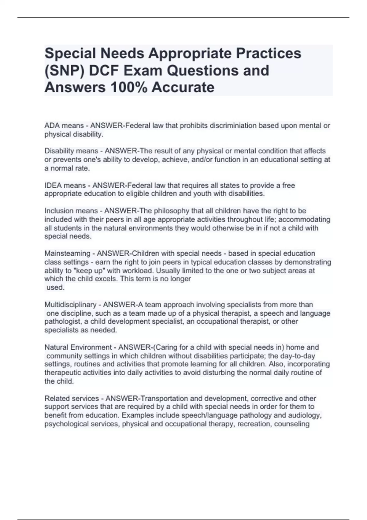 Special Needs Appropriate Practices (SNP) DCF Exam Questions and
