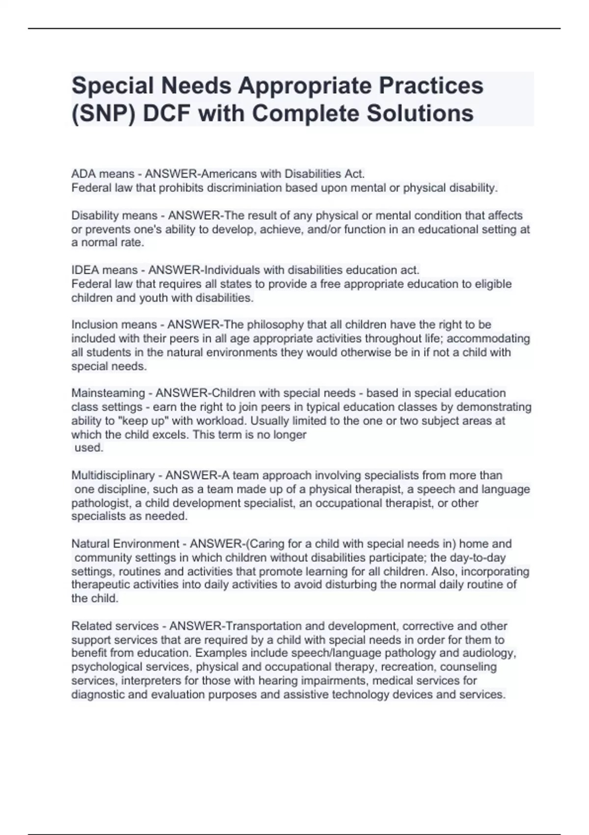 Special Needs Appropriate Practices (SNP) DCF with Complete Solutions ...