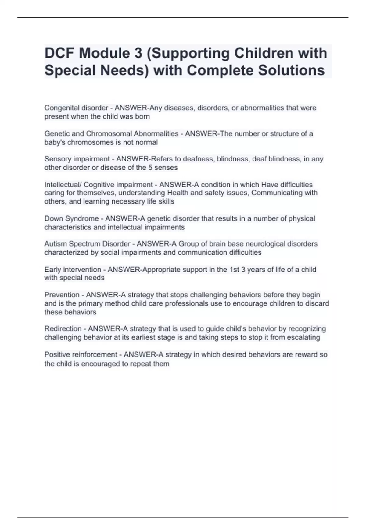 DCF Module 3 (Supporting Children with Special Needs) with Complete ...