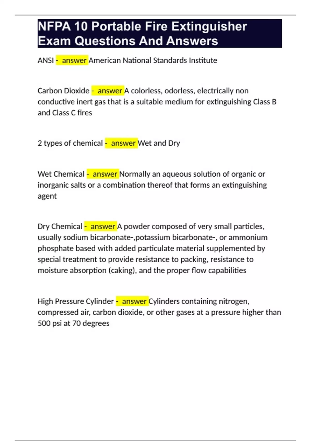 NFPA 10 Portable Fire Extinguisher Exam Questions And Answers Fire