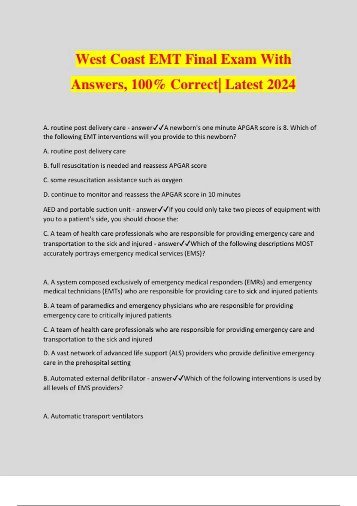 West Coast EMT Final Exam With Answers, 100% Correct| Latest 2024 ...