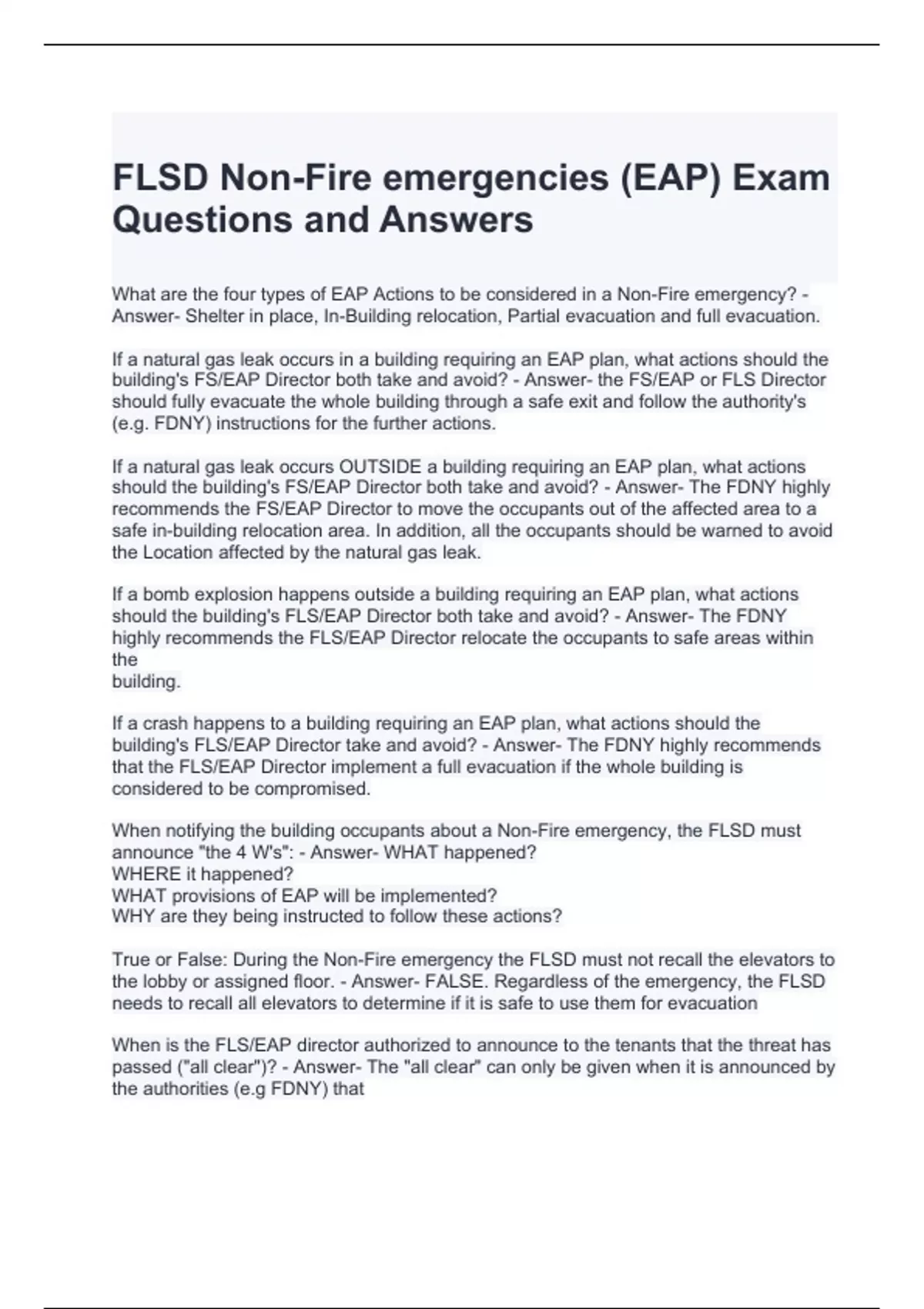 FLSD Non-Fire emergencies (EAP) Exam Questions and Answers 2024 - NYC ...