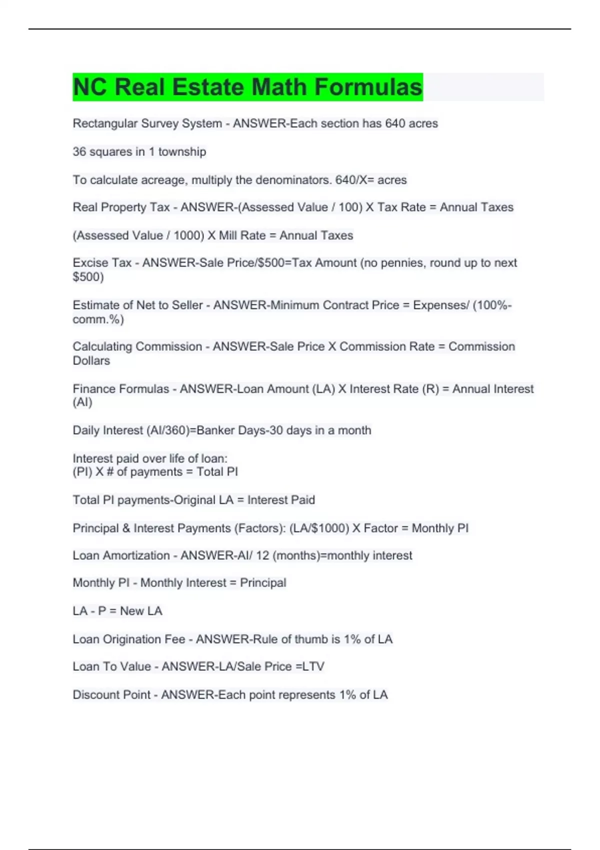 NC Real Estate Math Formulas NC Real Estate Stuvia US