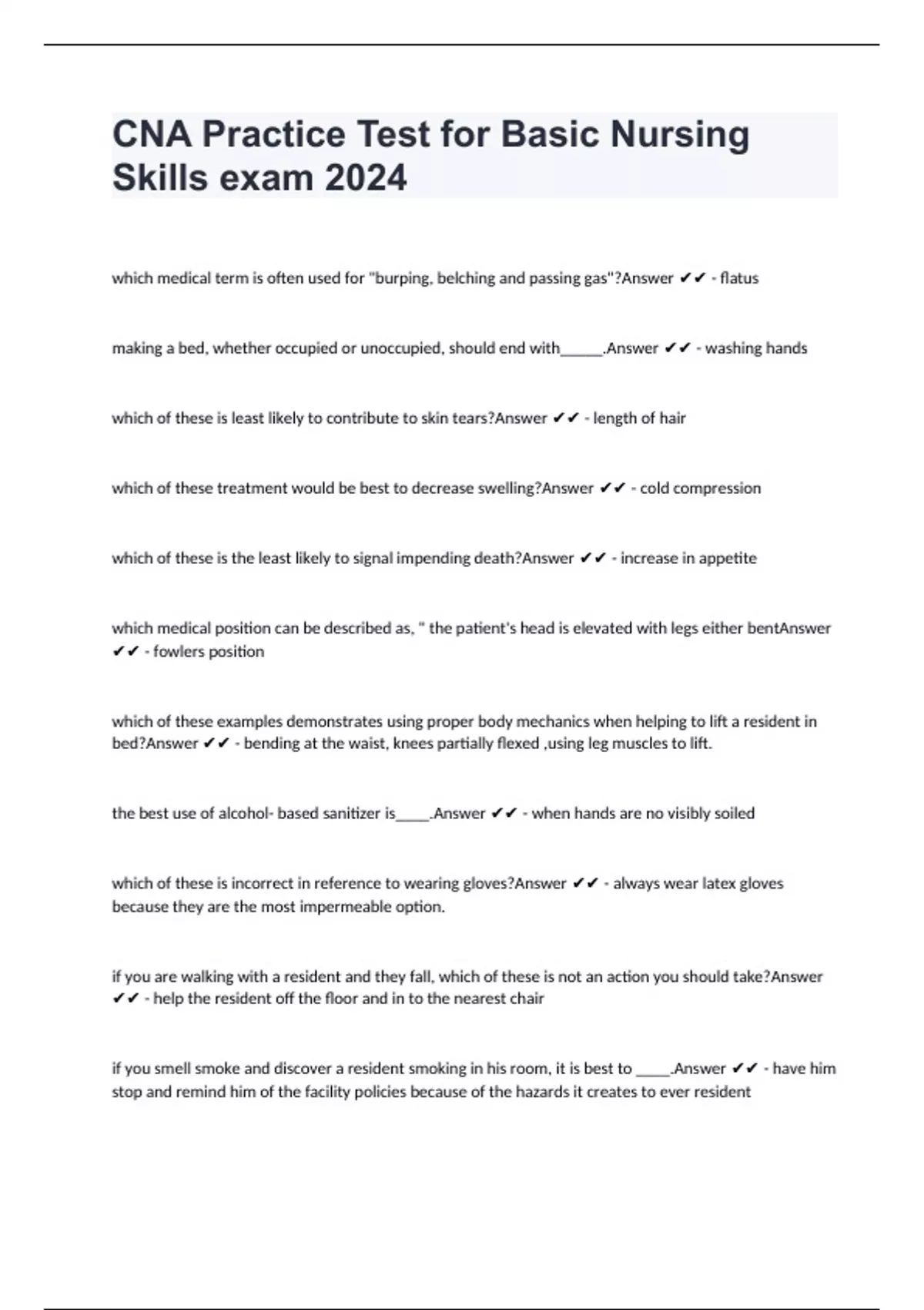 CNA Practice Test for Basic Nursing Skills exam 2024 - CNA - Stuvia US
