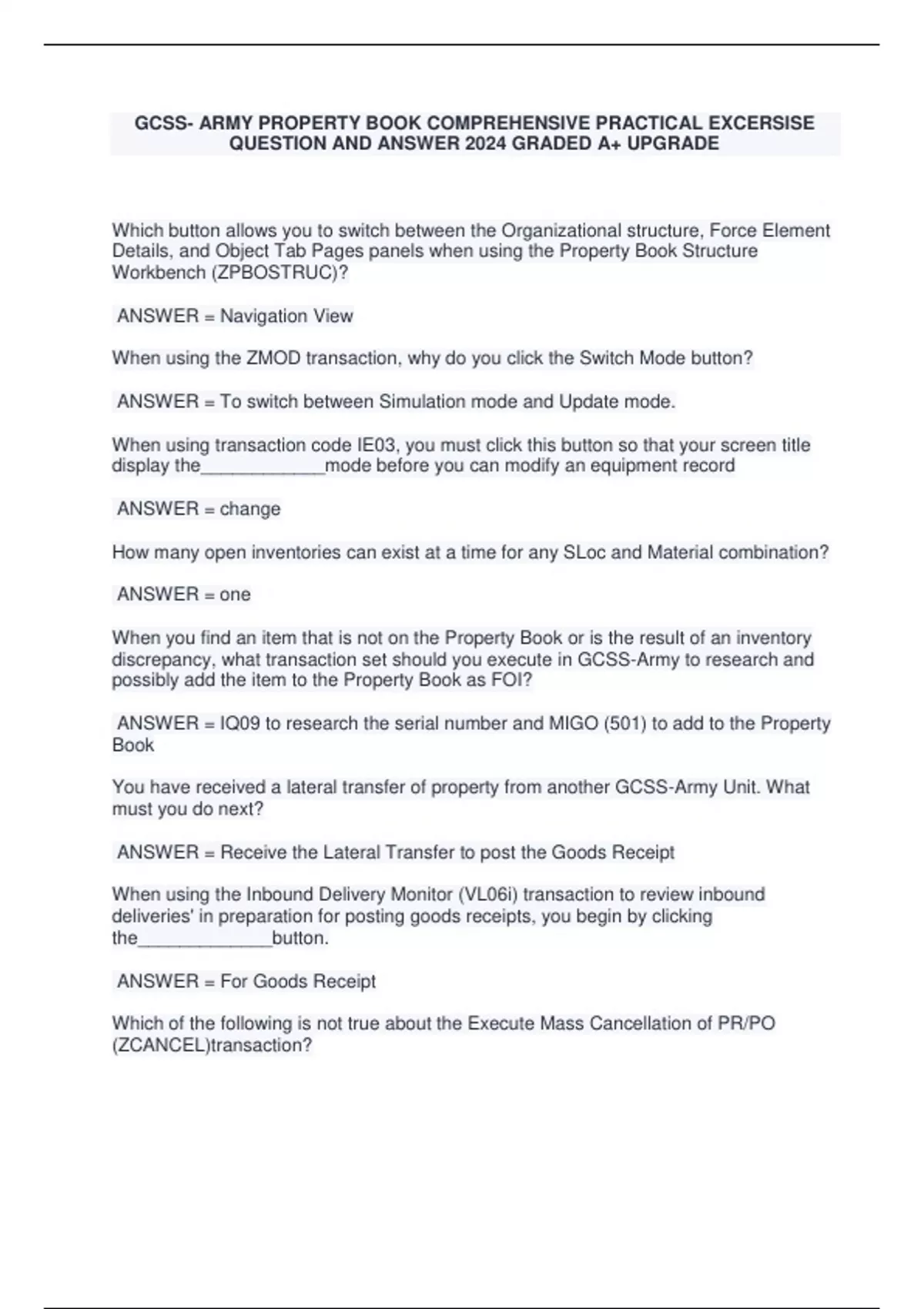 GCSS ARMY PROPERTY BOOK COMPREHENSIVE PRACTICAL EXCERSISE QUESTION AND