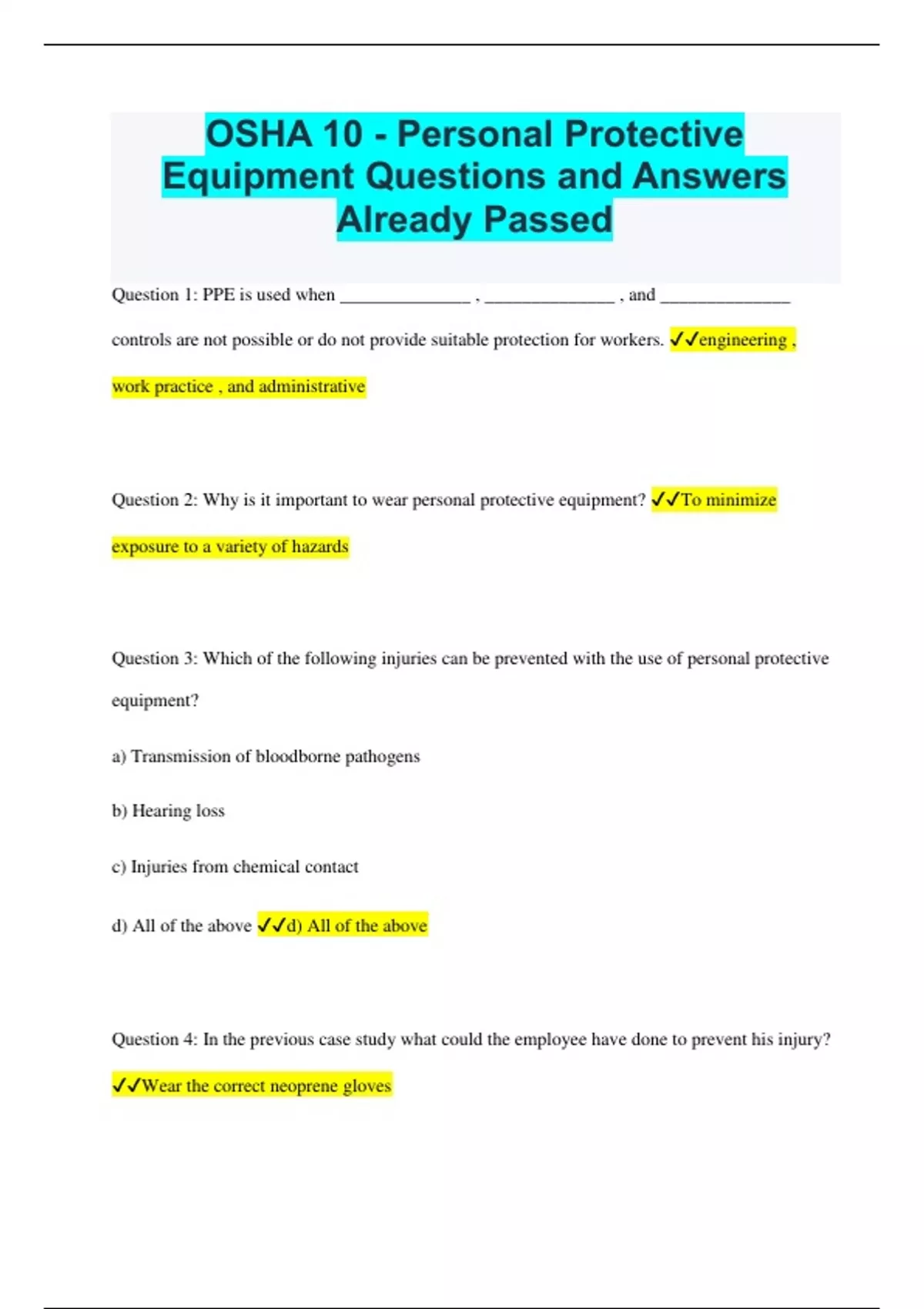 OSHA 10 Personal Protective Equipment Questions and Answers Already