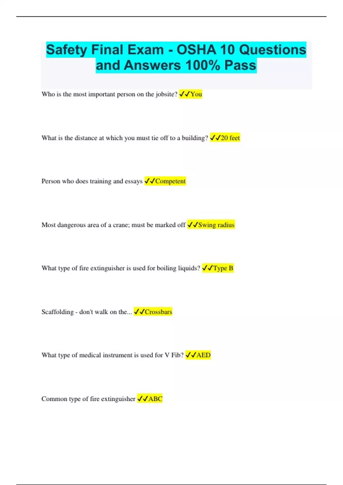 Safety Final Exam OSHA 10 Questions and Answers 100 Pass OSHA 10