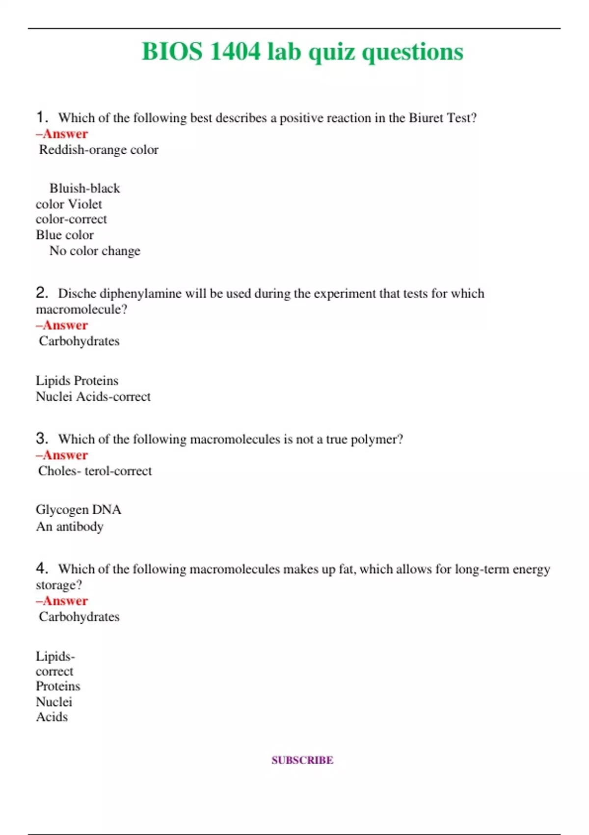BIOS 1404 BUNDLE -Practical 1 Lab 1 , Lab Quiz Questions A Exam with ...