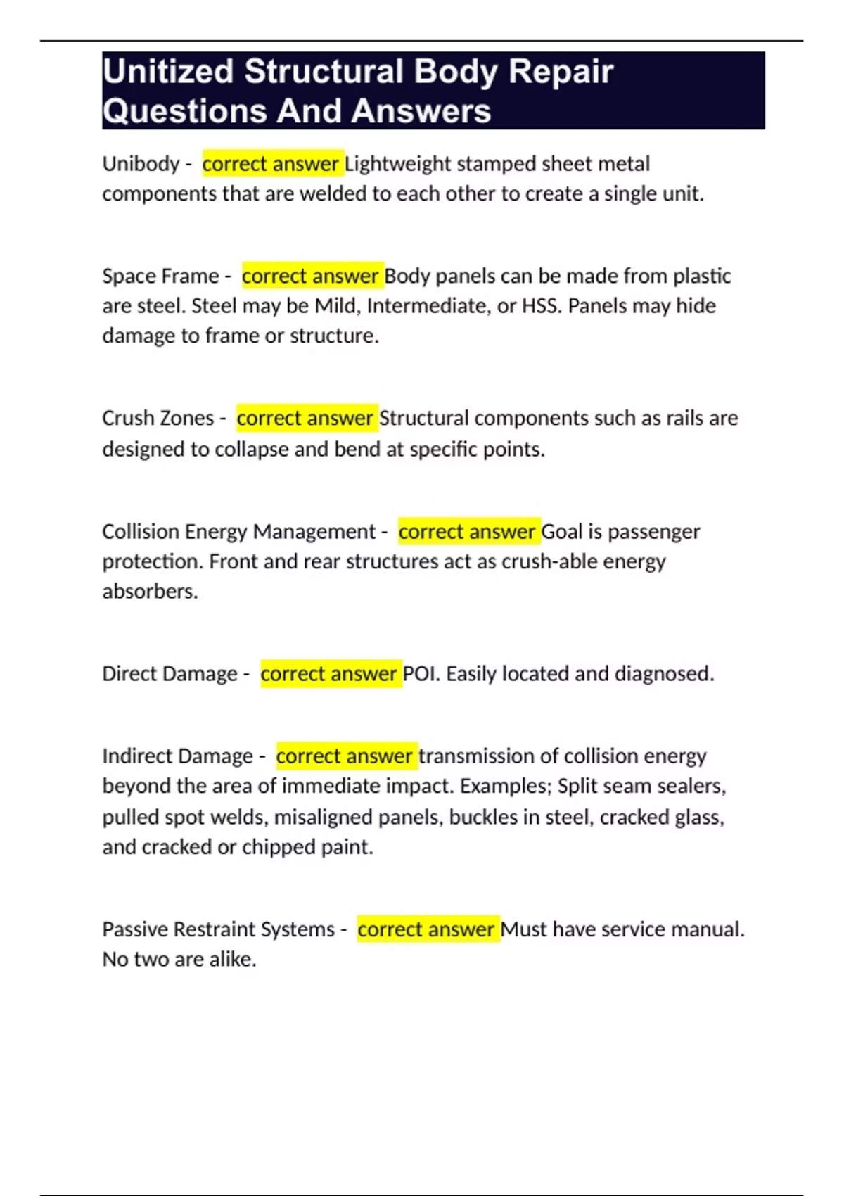 Unitized Structural Body Repair Questions And Answers Unitized Structural Body Repair Stuvia US