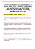 ATI RN NUTRITION ONLINE PRACTICE A &vert; 2019&comma; 2020&comma; 2023 AND 2024 VERSIONS &vert; 240 QUESTIONS AND CORRECT ANSWERS &lpar;PROFESSOR VERIFIED&rpar; &vert; ALREADY GRADED A&plus;