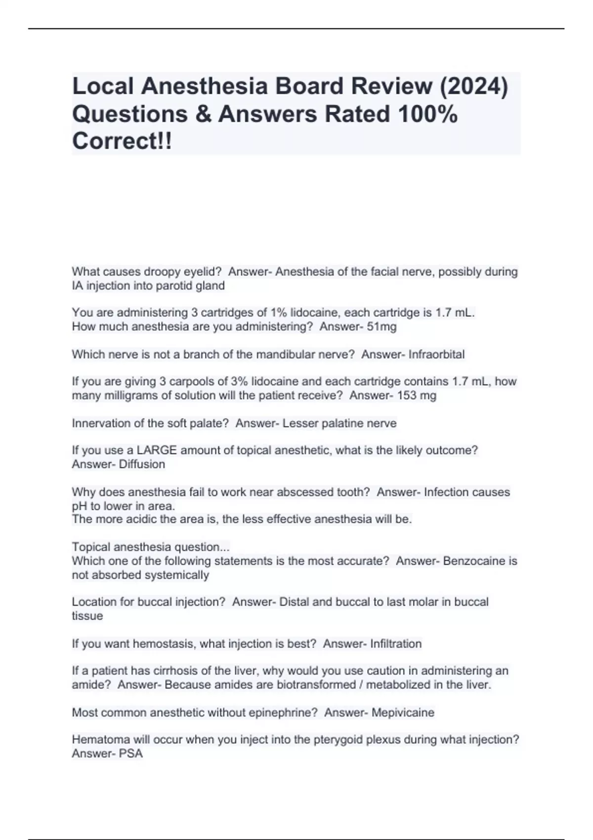 Local Anesthesia Board Review (2024) Questions & Answers Rated 100