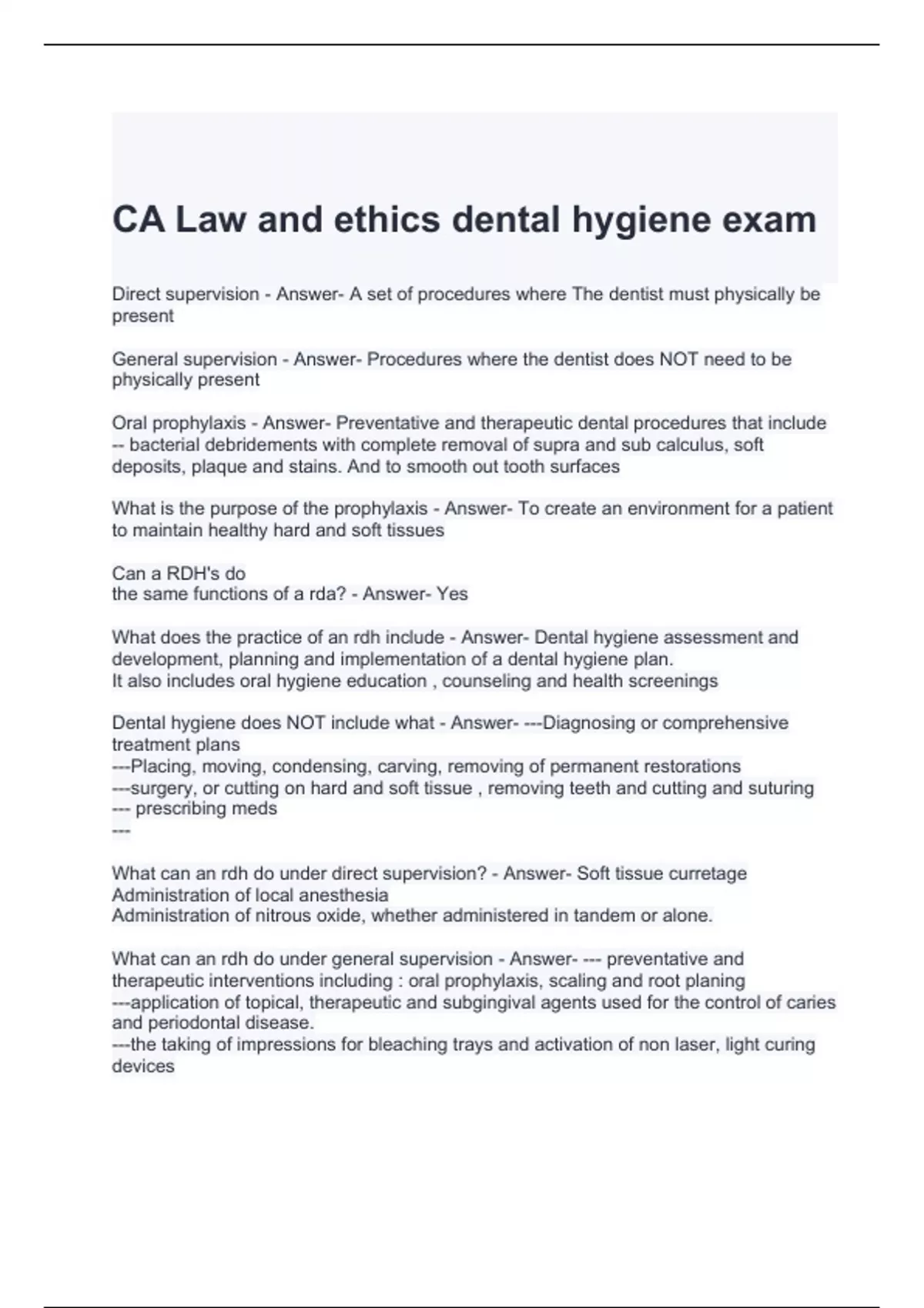 CA Law and ethics dental hygiene exam questions and answers 2024