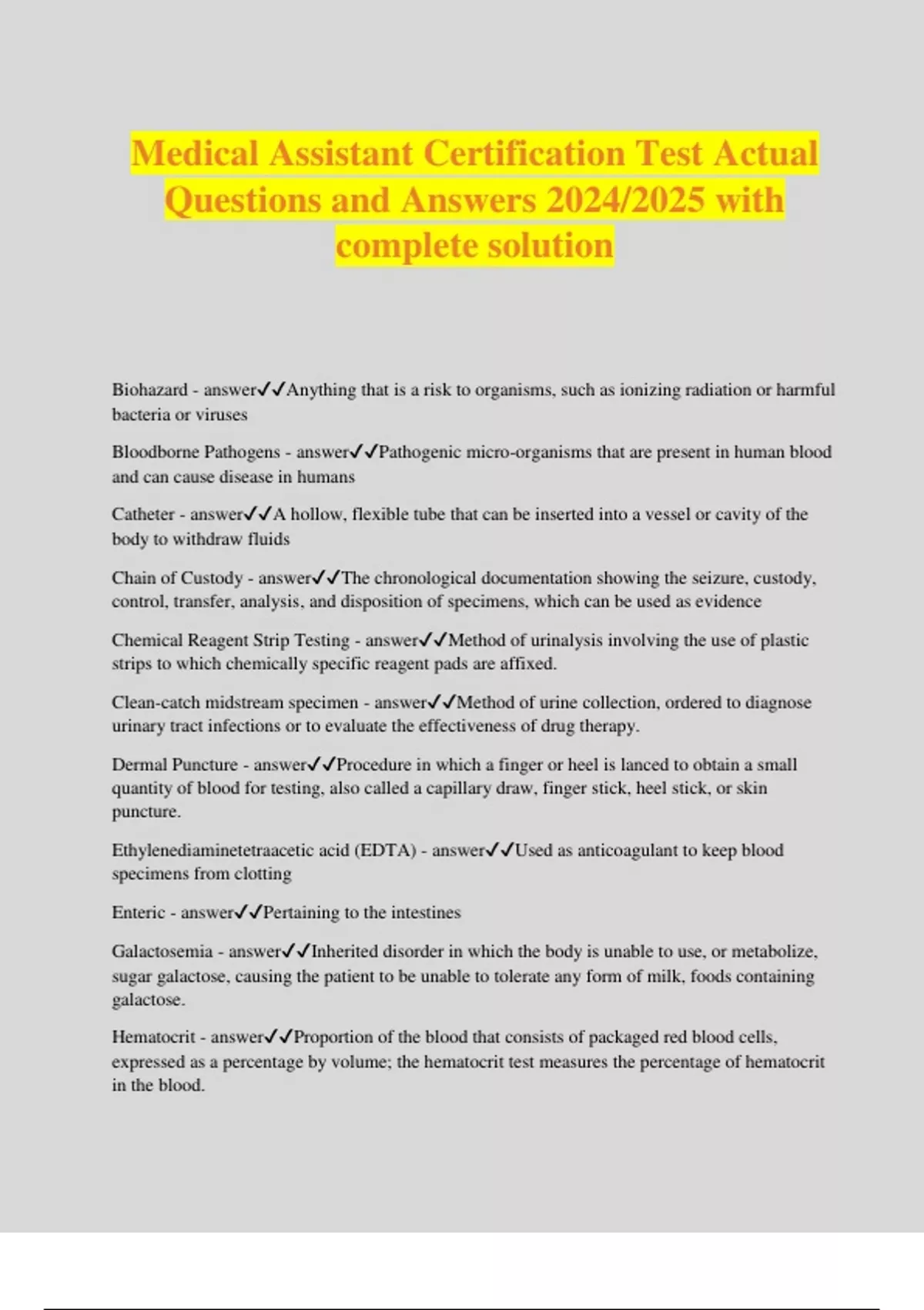 Medical Assistant Certification Test Actual Questions and Answers 2024/