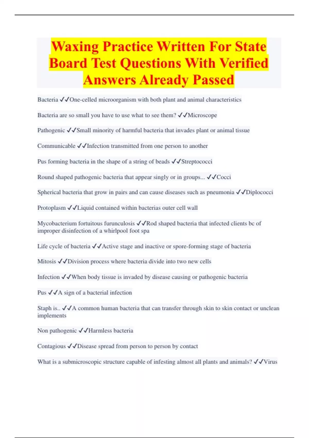 Waxing Practice Written For State Board Test Questions With Verified