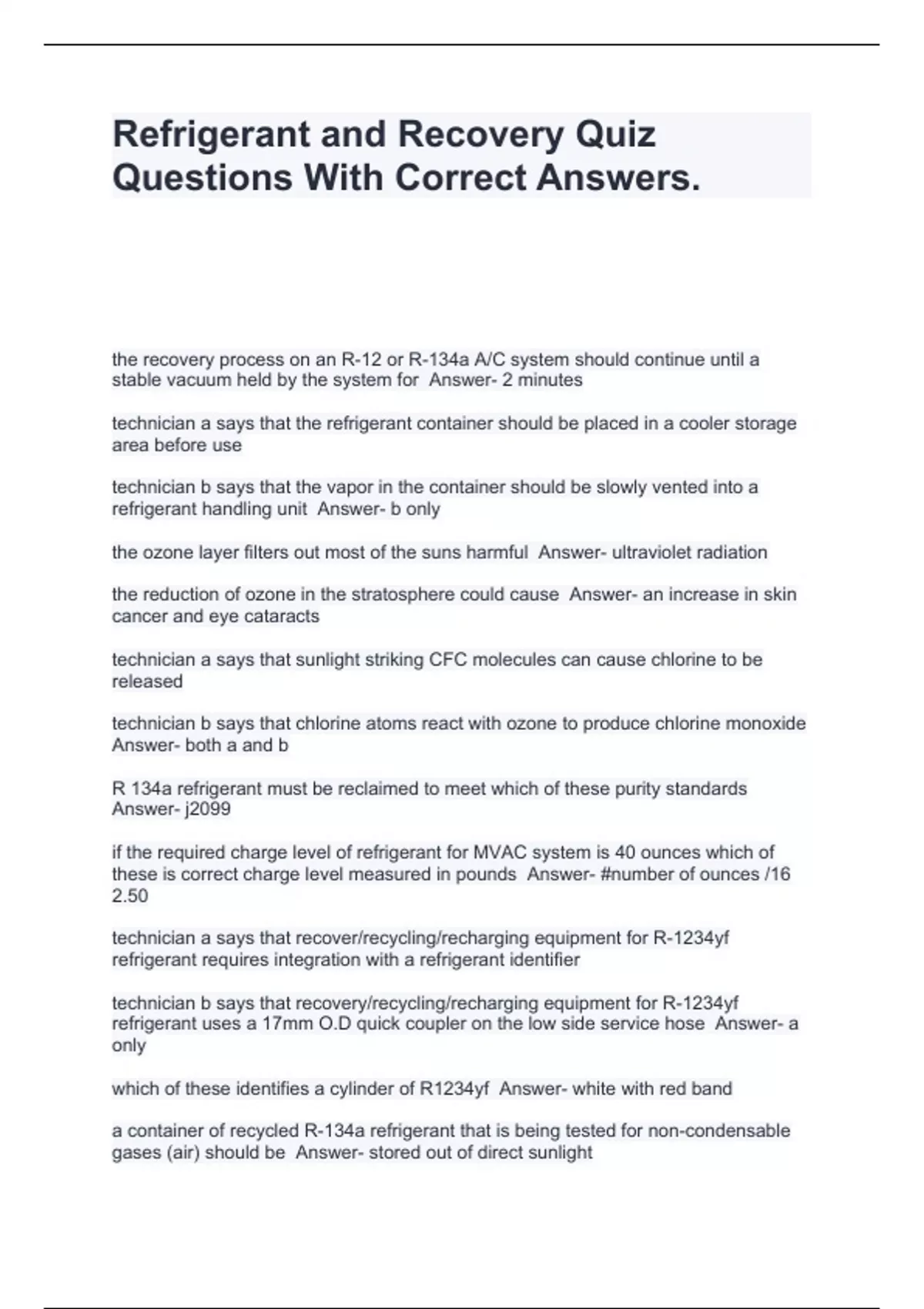 Refrigerant and Recovery Quiz Questions With Correct Answers