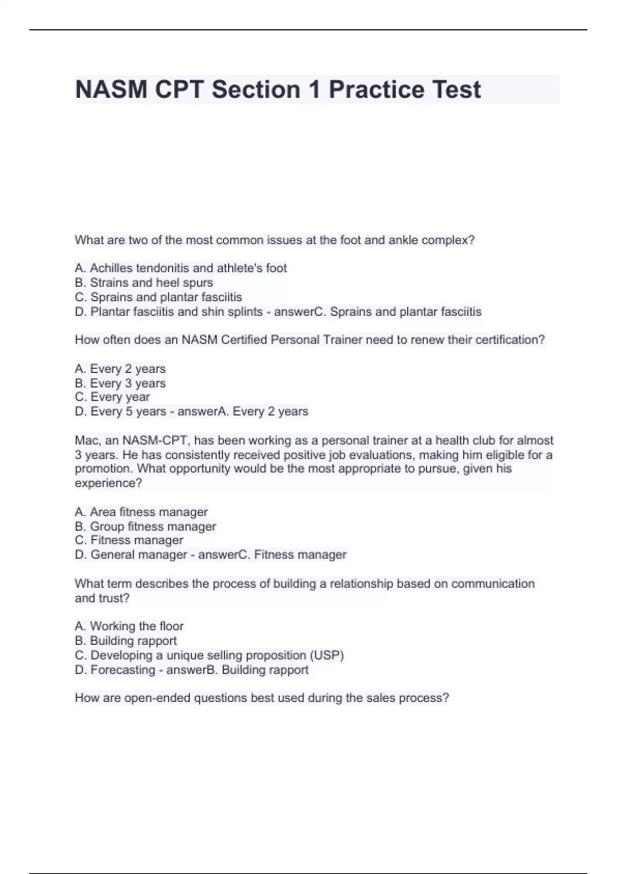 NASM CPT Section 1 Practice Test questions with answers 100% correct ...