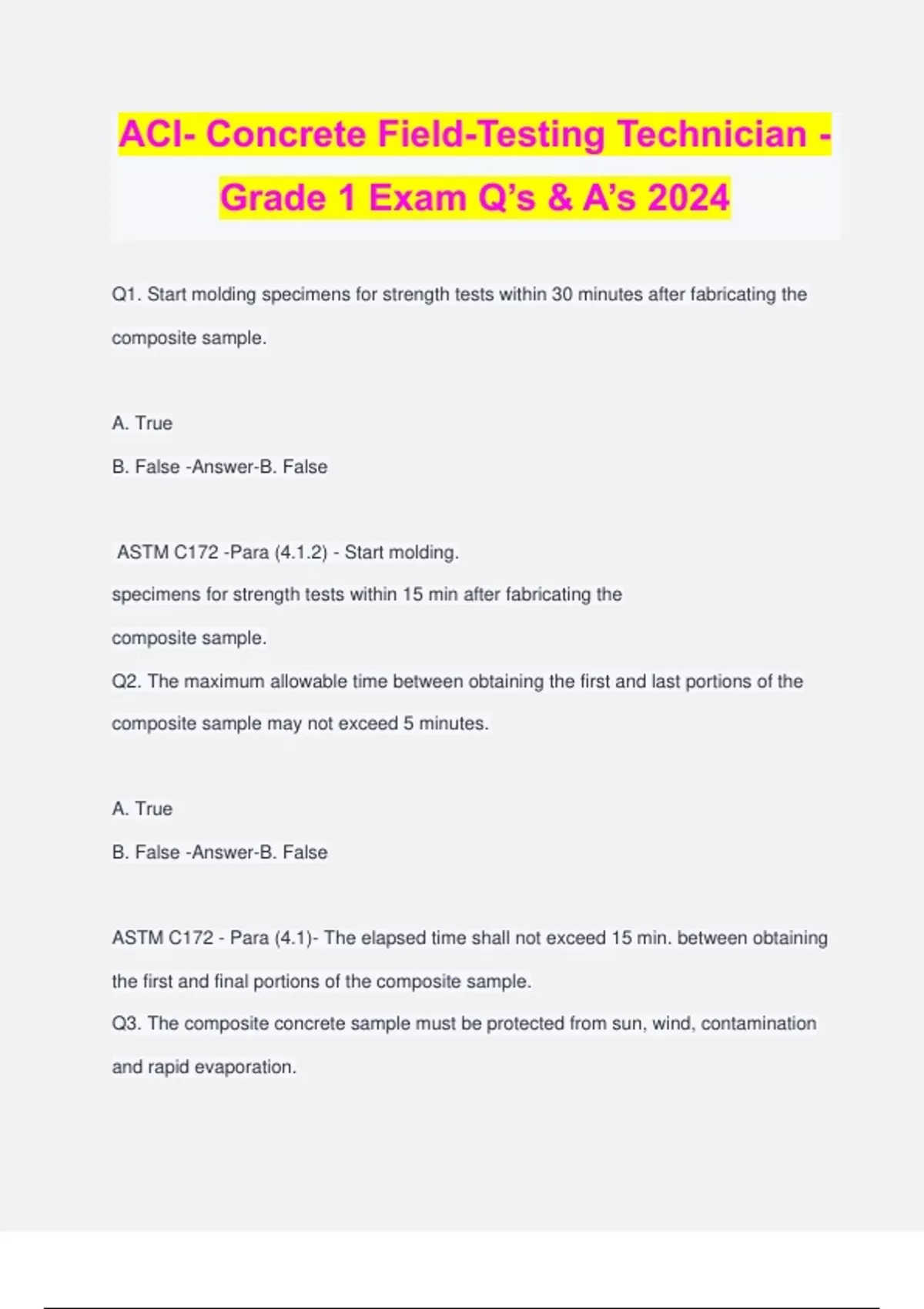 ACI Concrete FieldTesting Technician Grade 1 Exam Q’s & A’s 2024