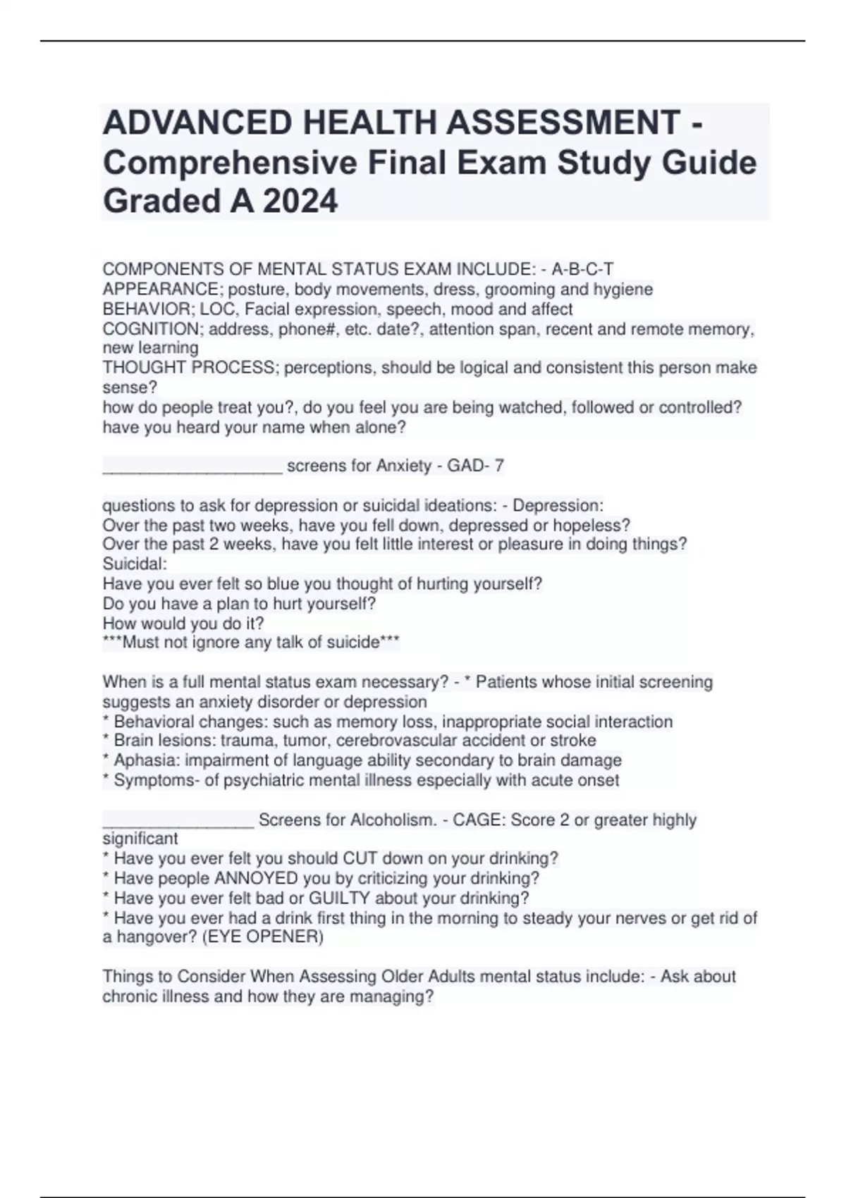 ADVANCED HEALTH ASSESSMENT - Comprehensive Final Exam Study Guide ...