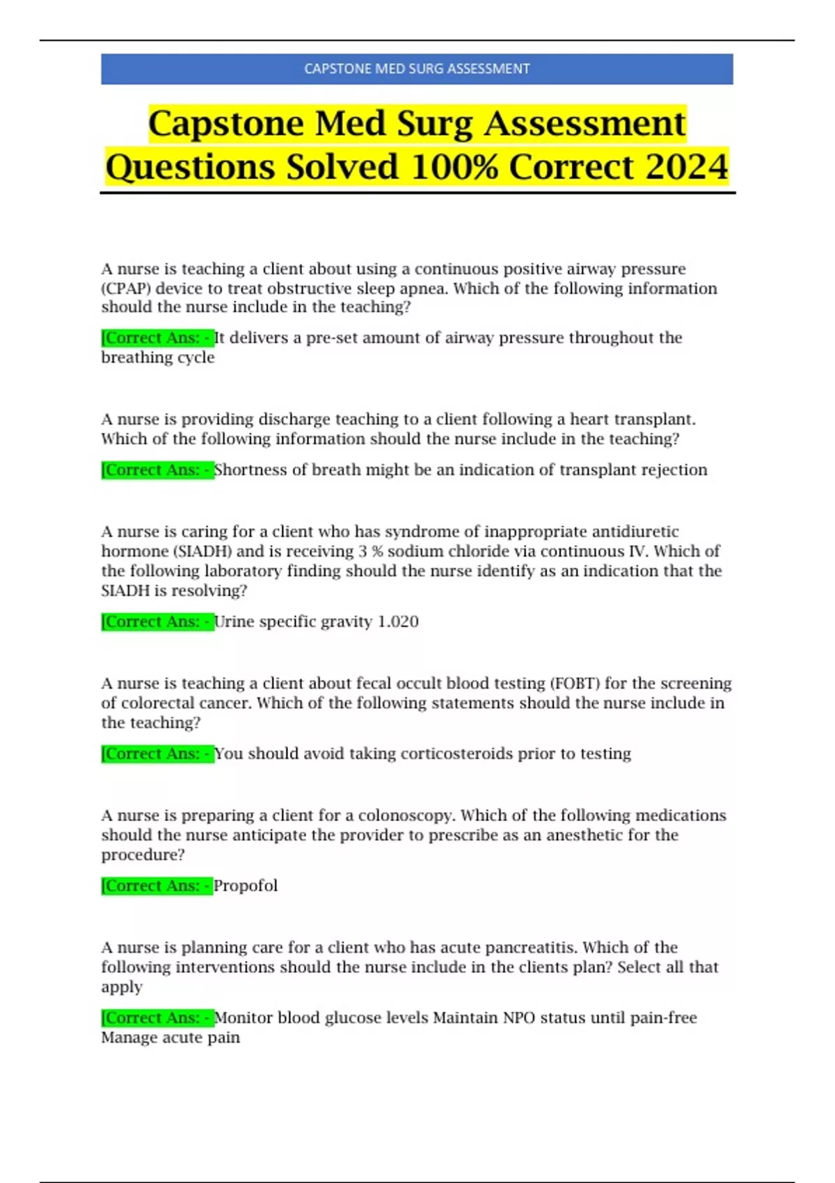 Capstone Questionnaire Examples Capstone Med Surg Assessment Questions Solved 100% Correct 2024 ...