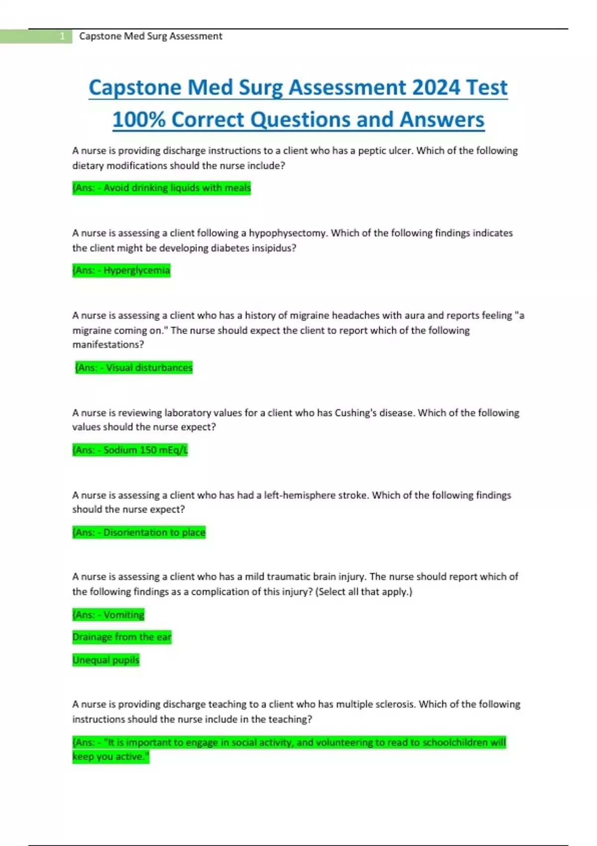 Capstone Med Surg Assessment 2024 Test 100% Correct Questions and ...