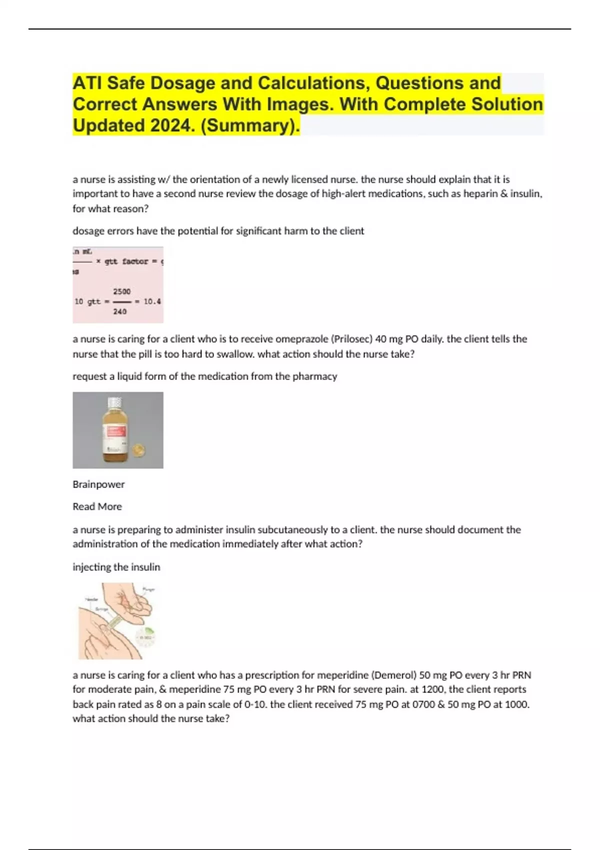 ATI Safe Dosage and Calculations, Questions and Correct Answers With ...