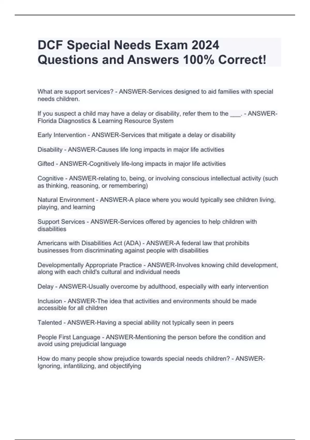 DCF Special Needs Exam 2024 Questions and Answers 100 Correct! DCF