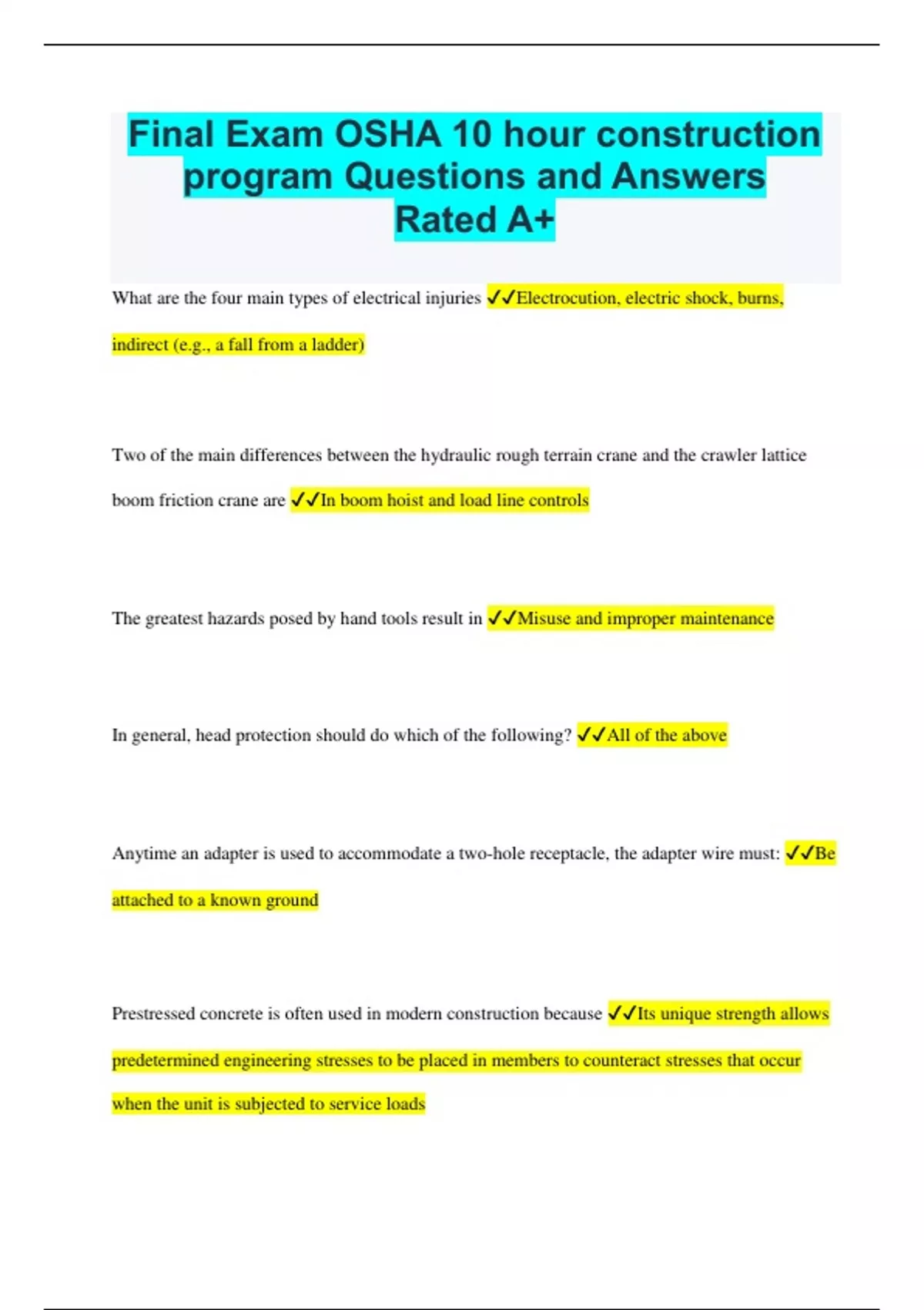 Final Exam OSHA 10 hour construction program Questions and Answers
