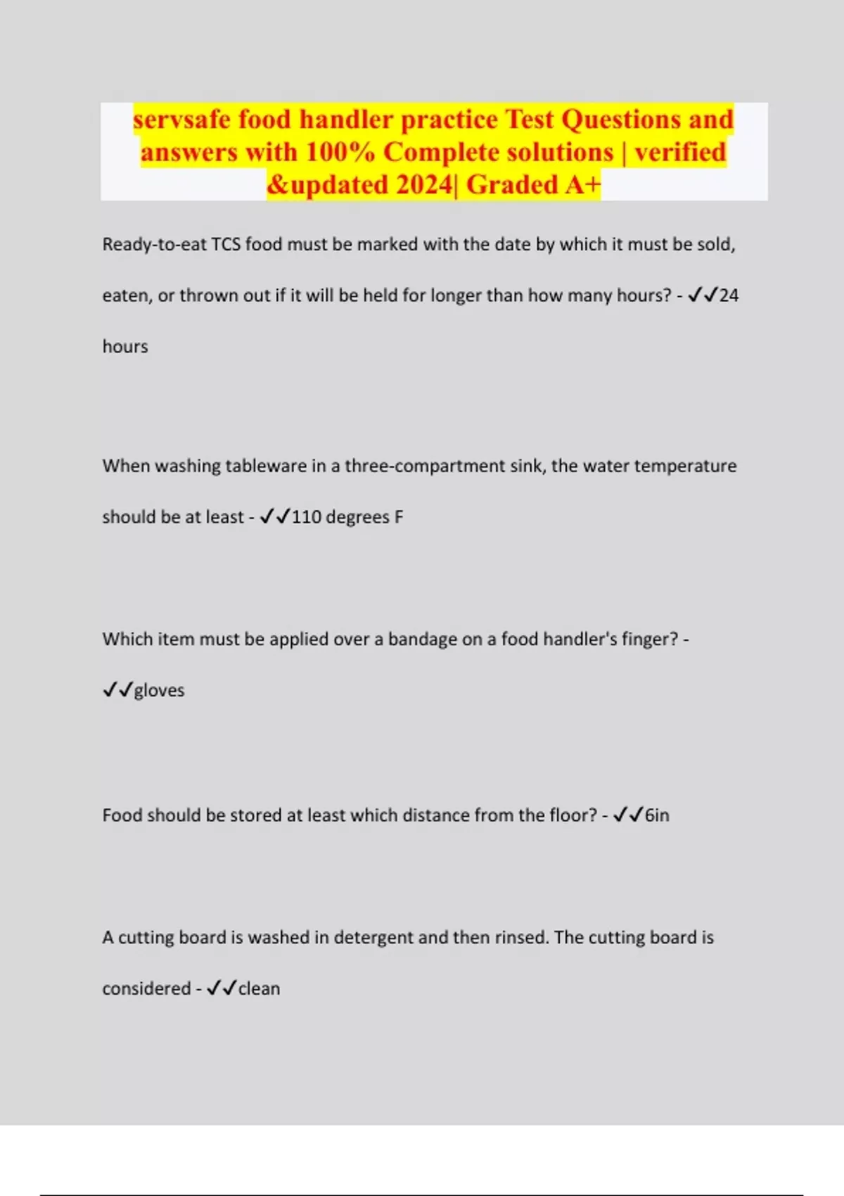 servsafe food handler practice Test Questions and answers with 100% ...