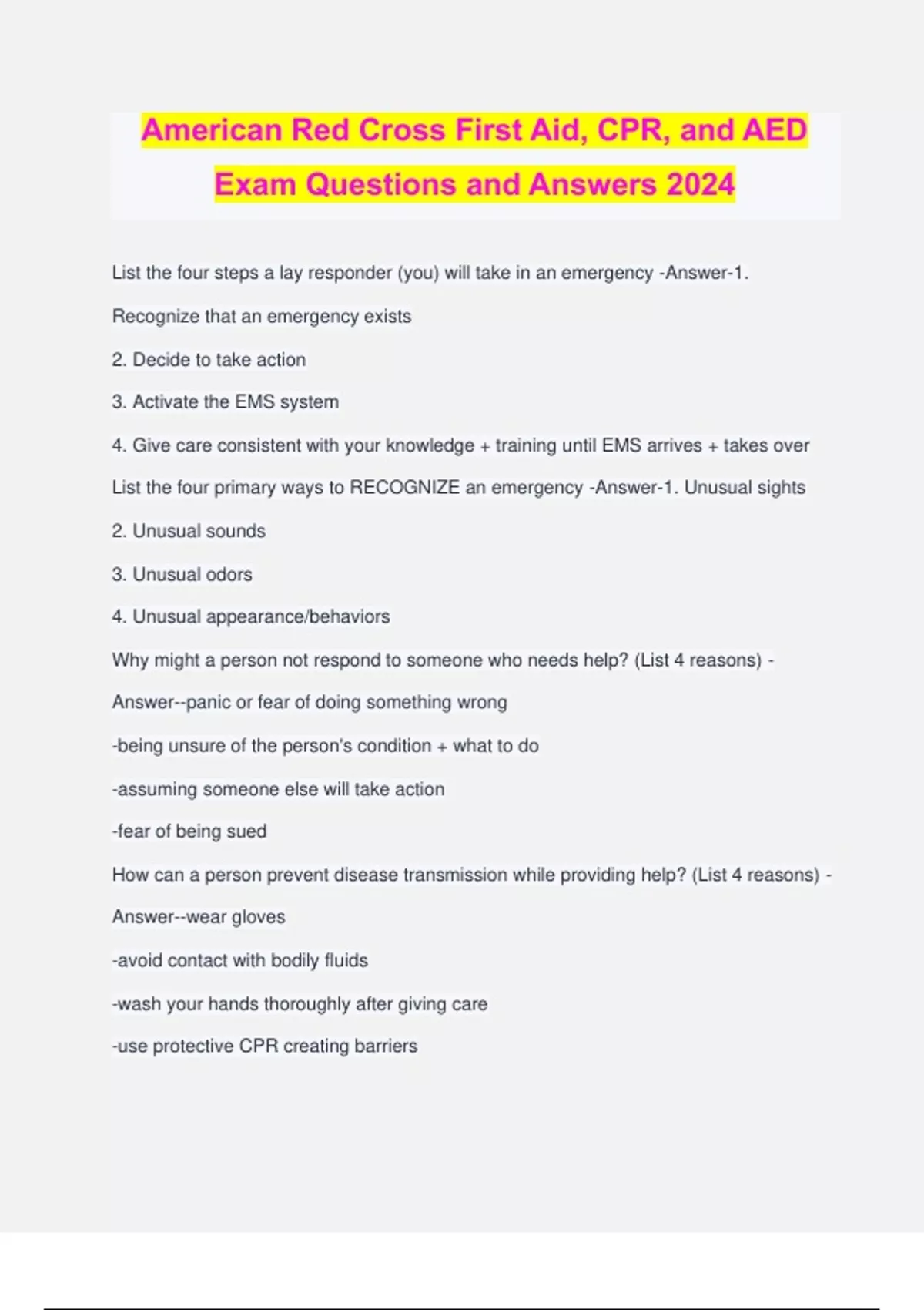 American Red Cross First Aid, CPR, and AED Exam Questions and Answers ...