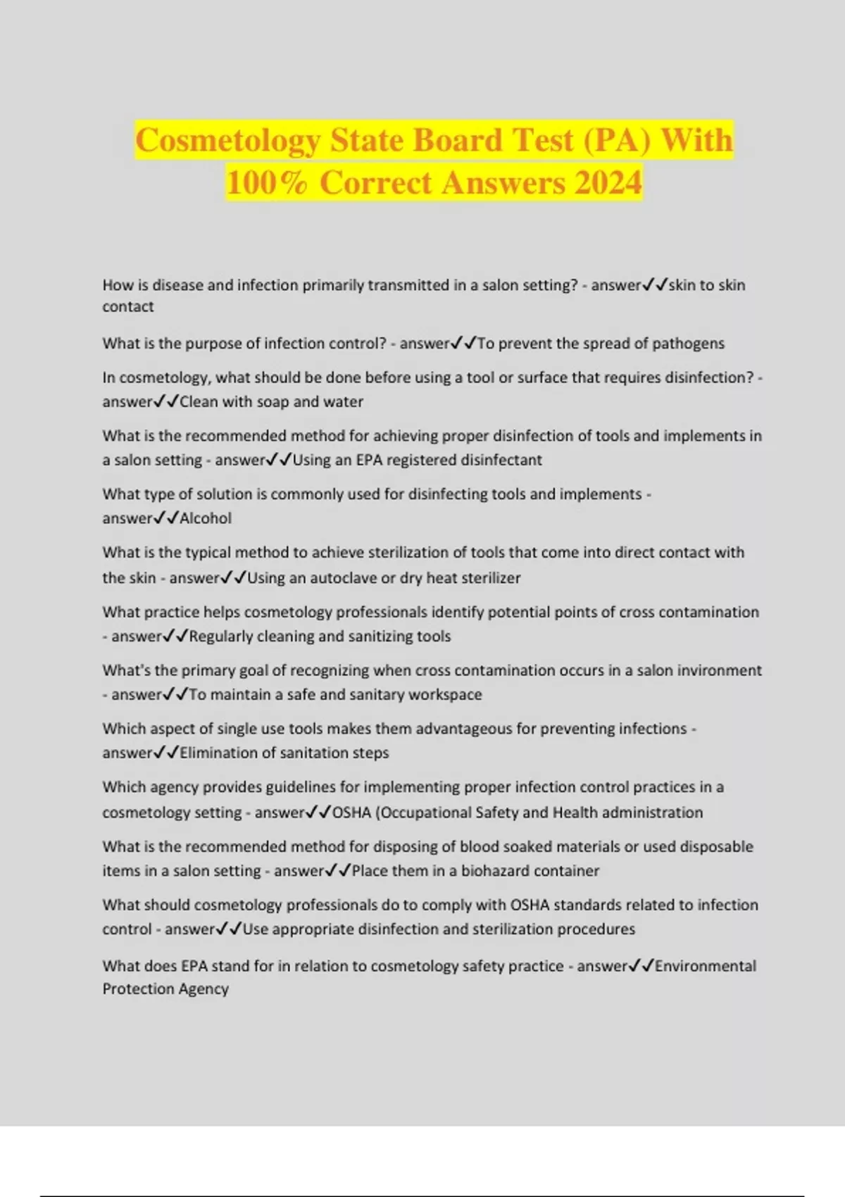 Cosmetology State Board Test (PA) With 100% Correct Answers 2024 - Cosmetology - Stuvia US