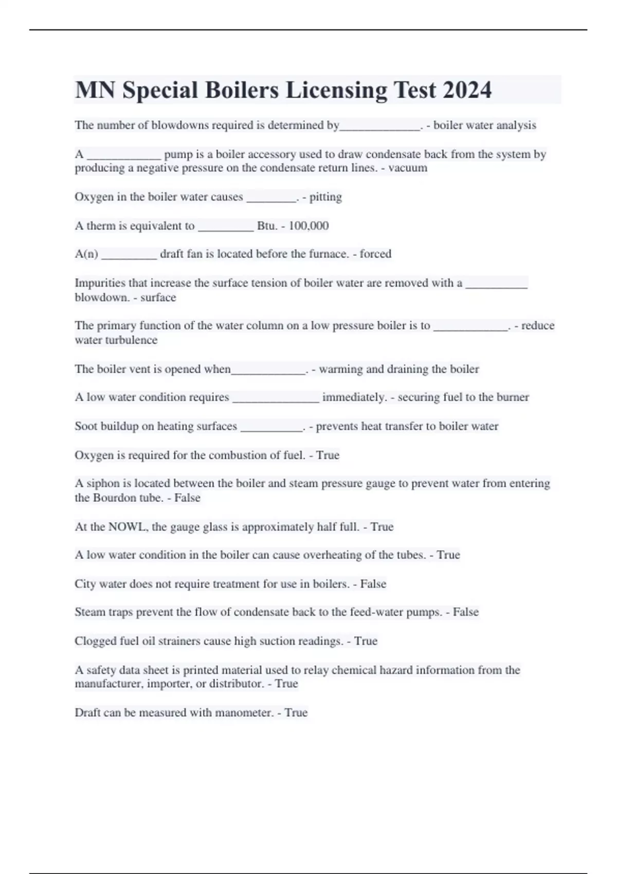 MN Special Boilers Licensing Test 2024 MN Special Boilers Licensing