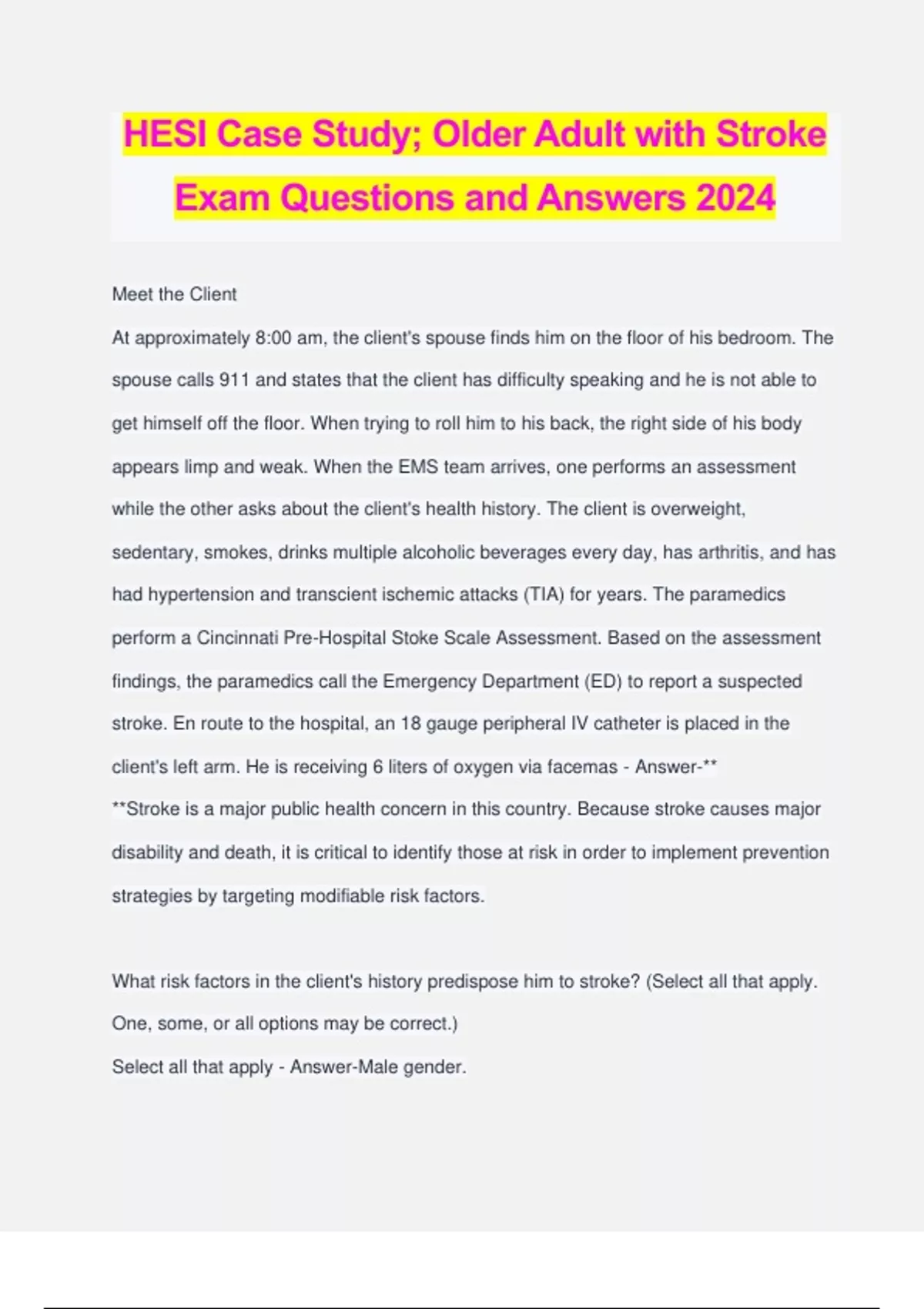 HESI Case Study; Older Adult with Stroke Exam Questions and Answers 2024 - HESI - Stuvia US