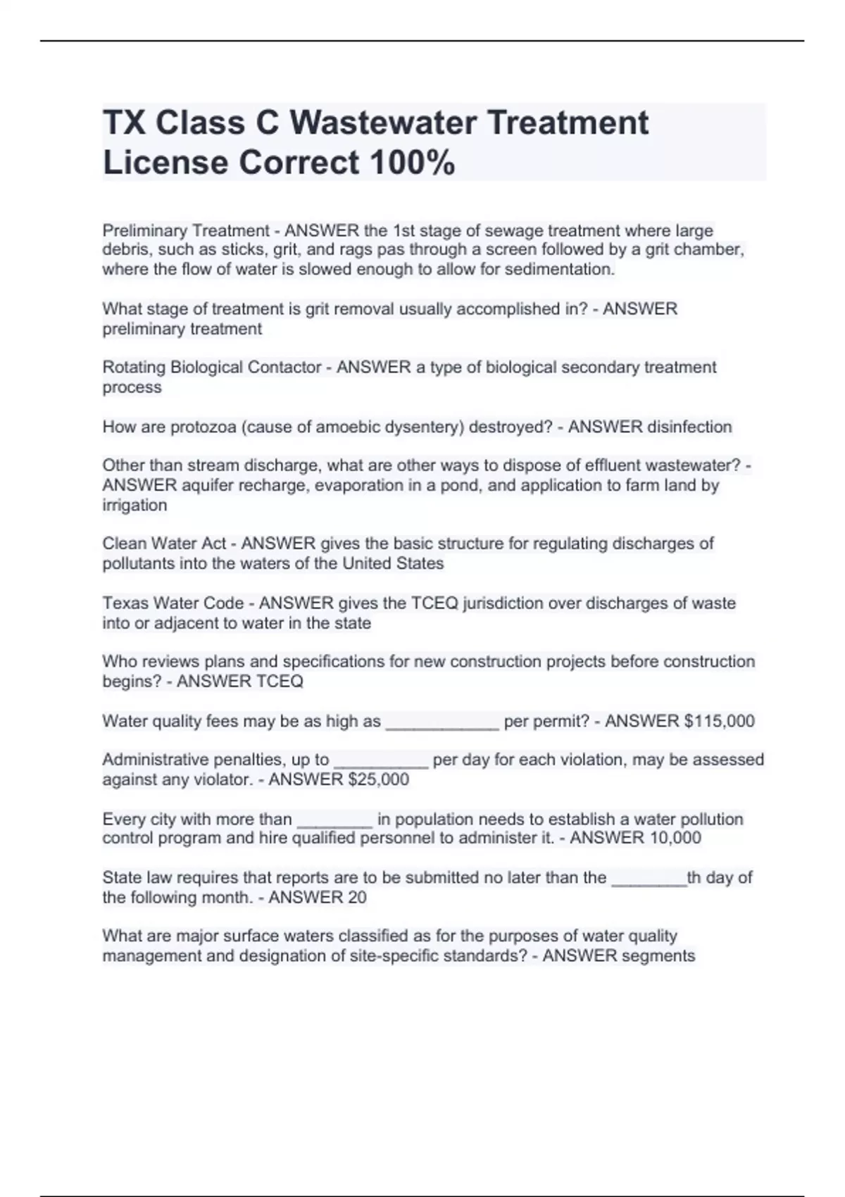 TX Class C Wastewater Treatment License Correct 100 TCEQ Stuvia US